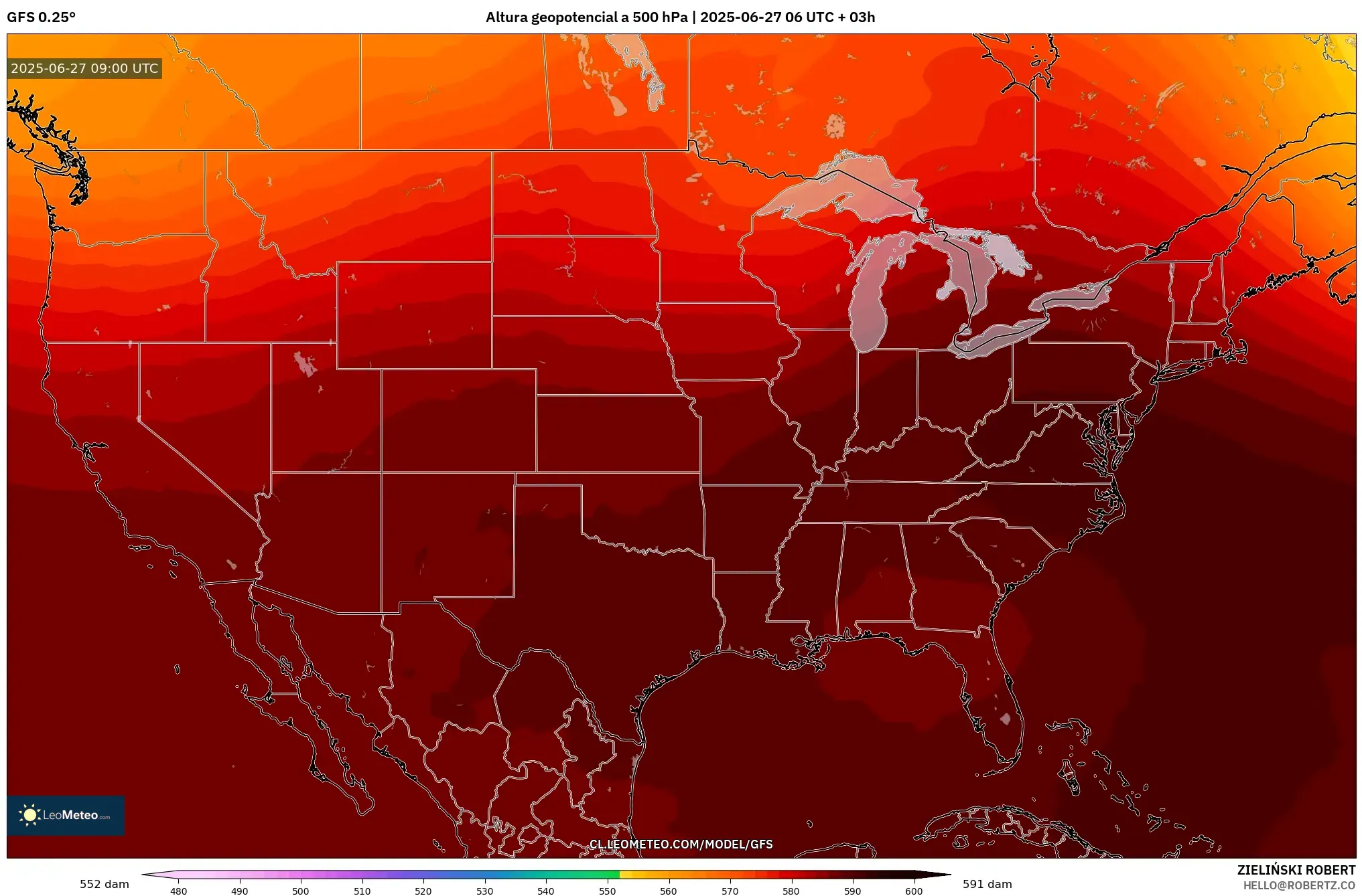GFS model - Estados Unidos, Altura geopotencial a 500 hPa GFS model - Estados Unidos, Altura geopotencial a 500 hPa