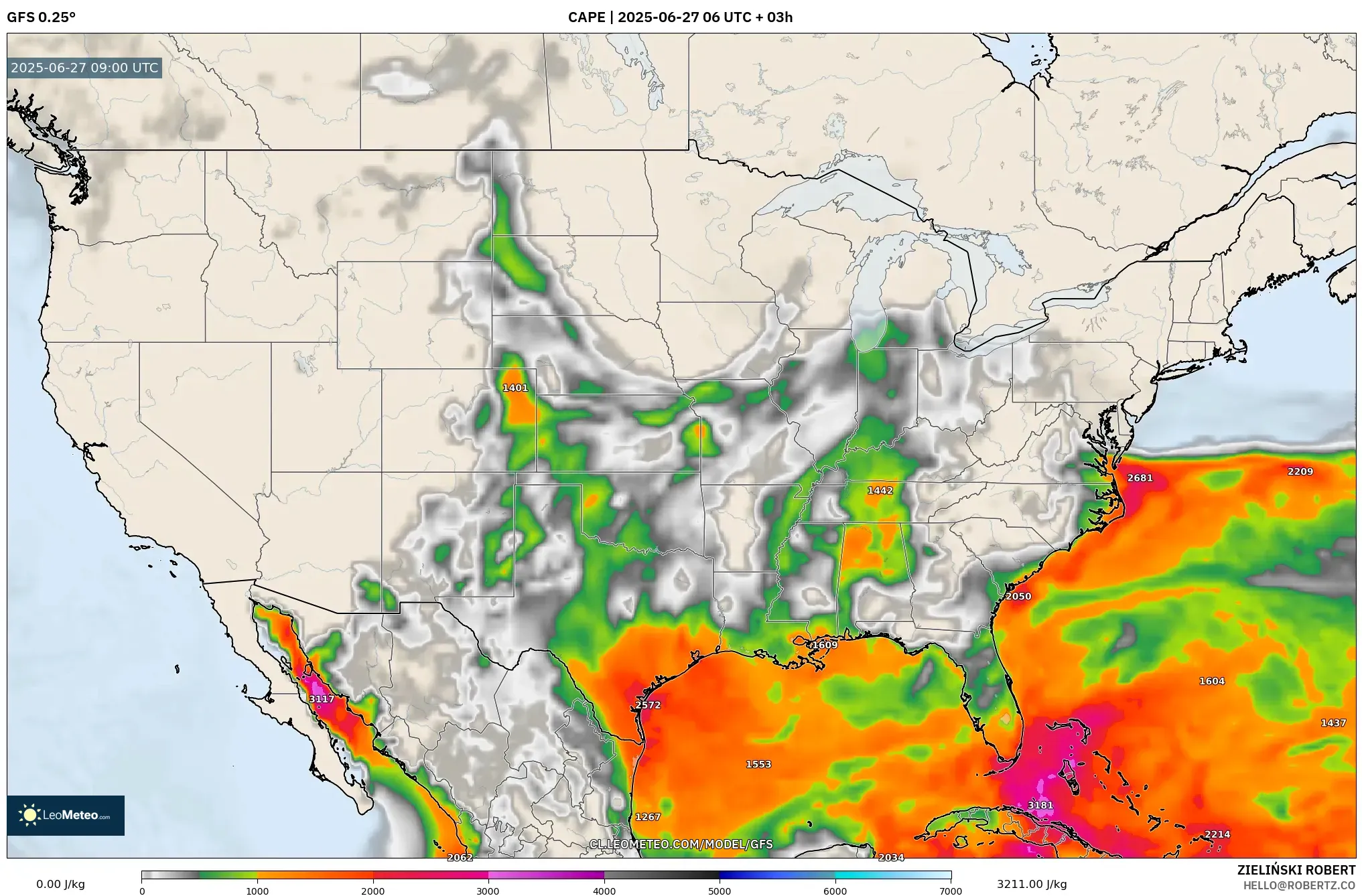 GFS model - Estados Unidos, CAPE GFS model - Estados Unidos, CAPE