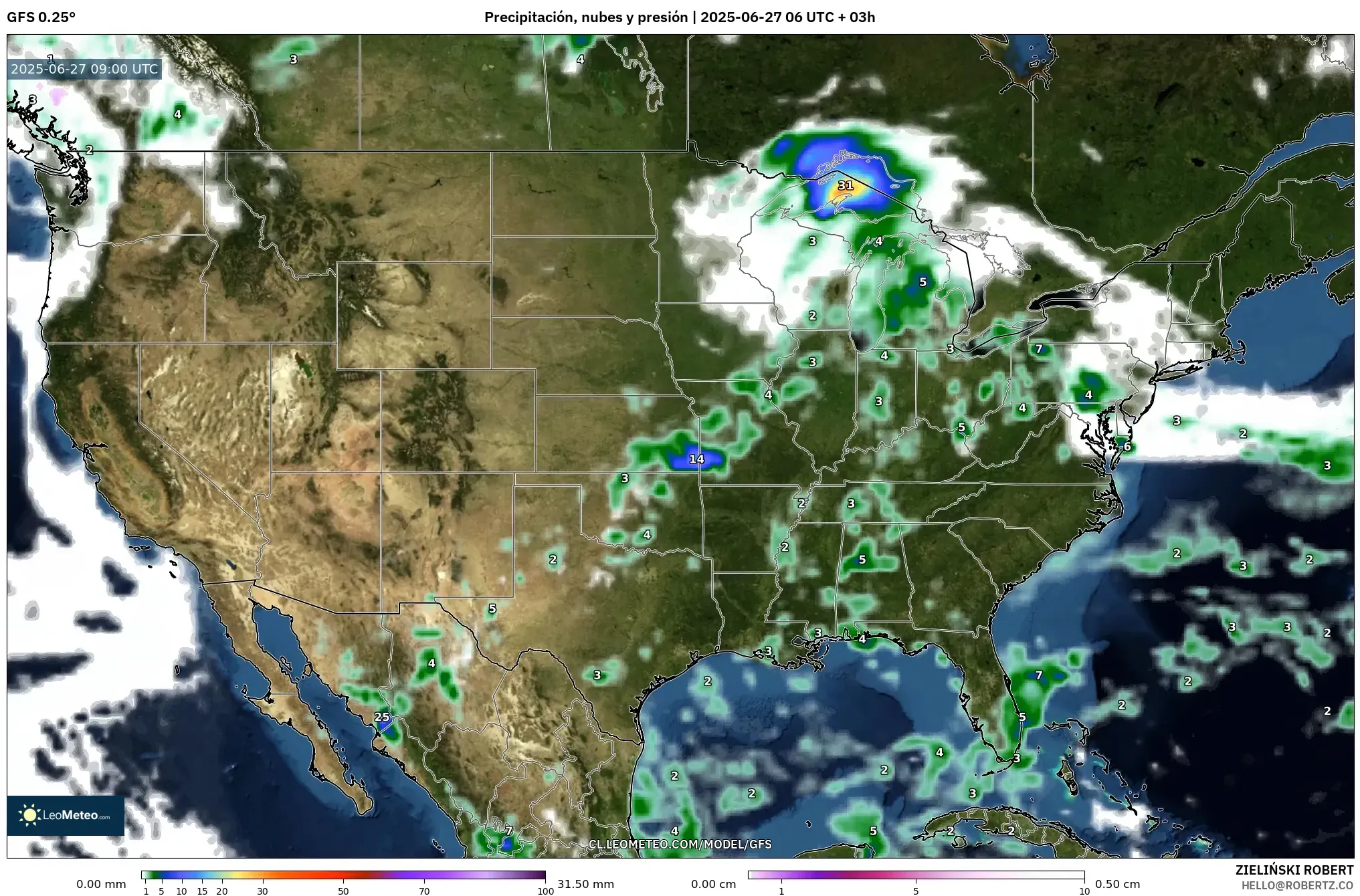 GFS model - Estados Unidos, Precipitación, nubes y presión GFS model - Estados Unidos, Precipitación, nubes y presión