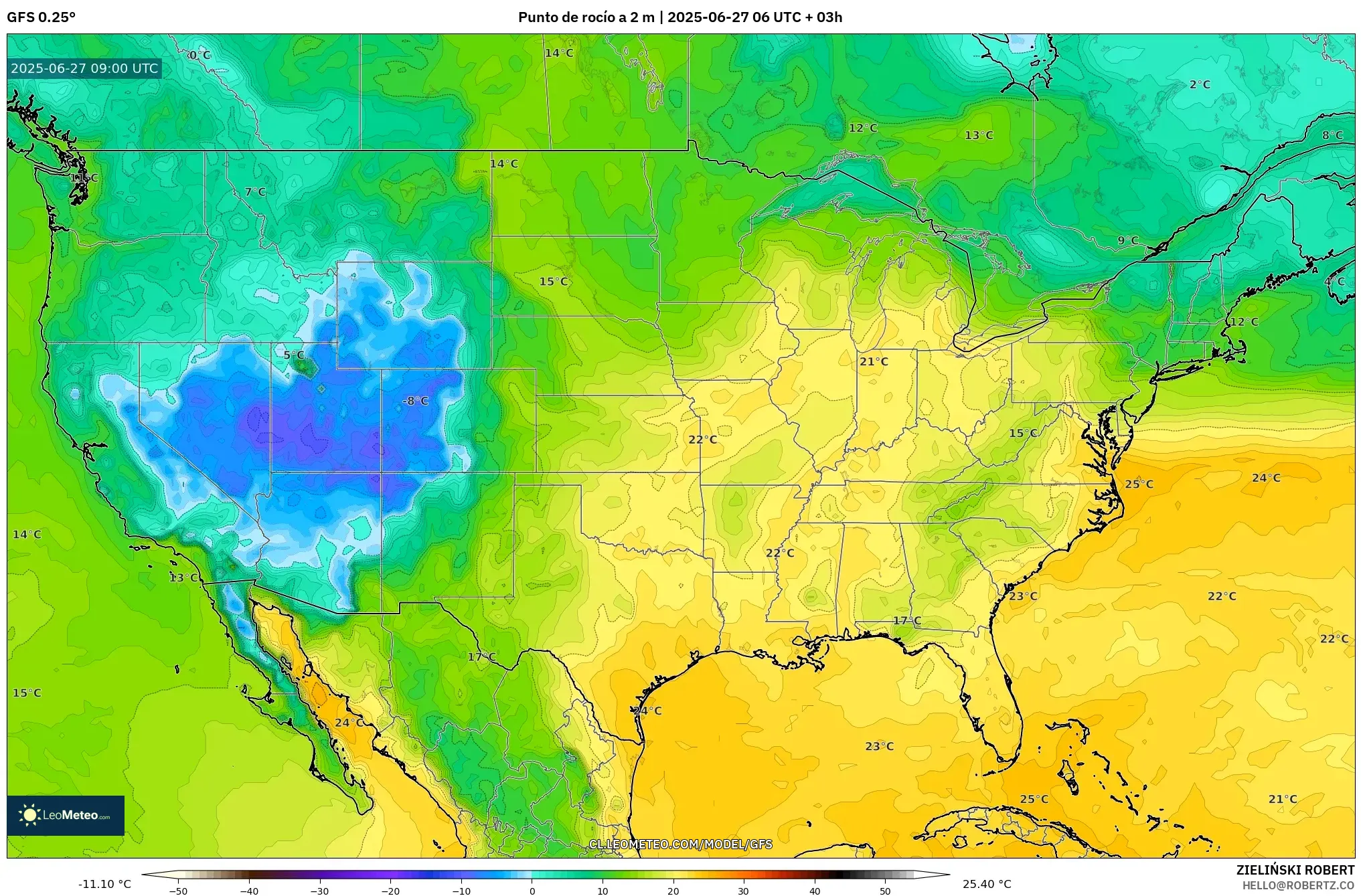 GFS model - Estados Unidos, Punto de rocío a 2 m GFS model - Estados Unidos, Punto de rocío a 2 m