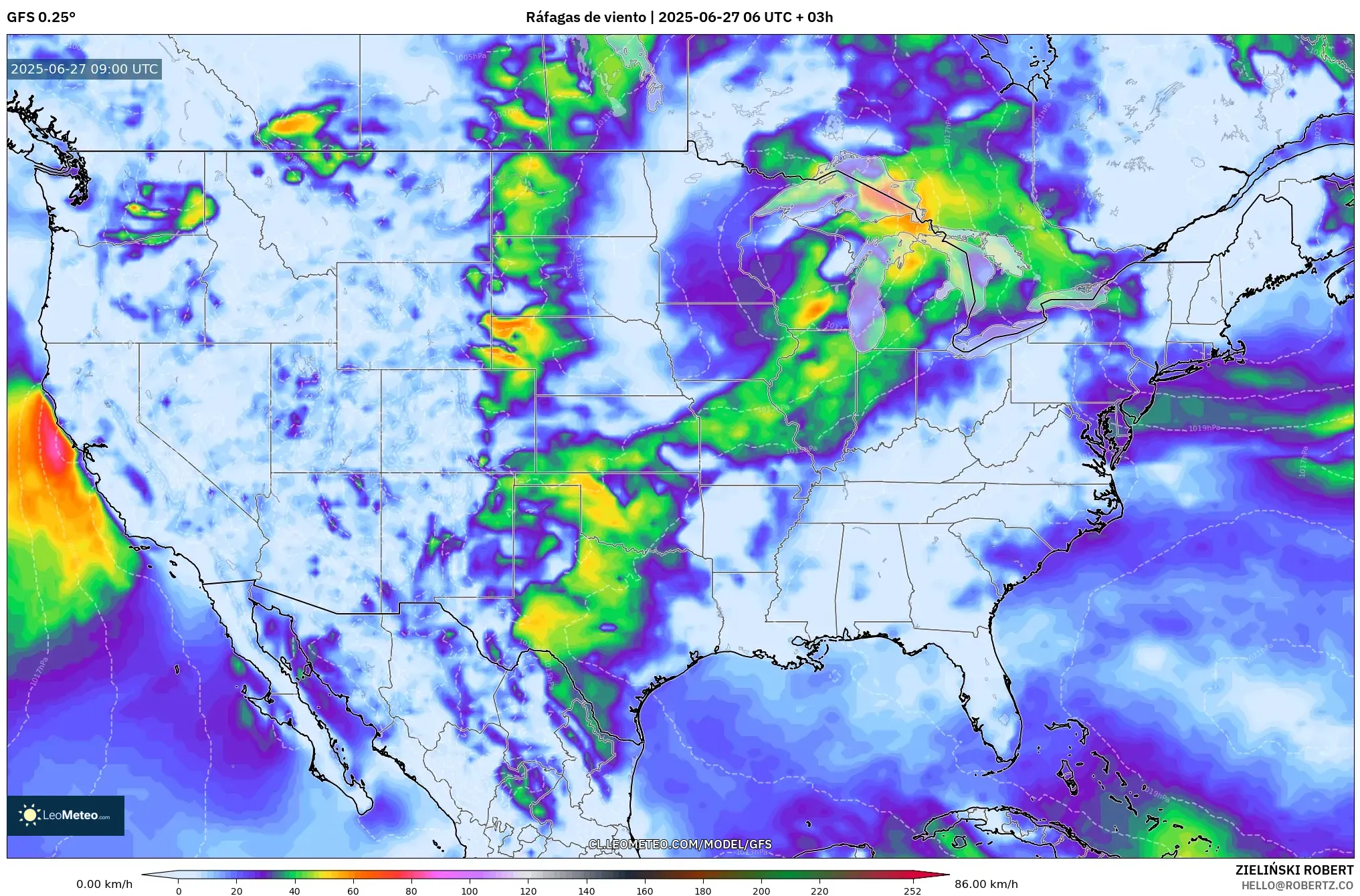 GFS model - Estados Unidos, Ráfagas de viento GFS model - Estados Unidos, Ráfagas de viento