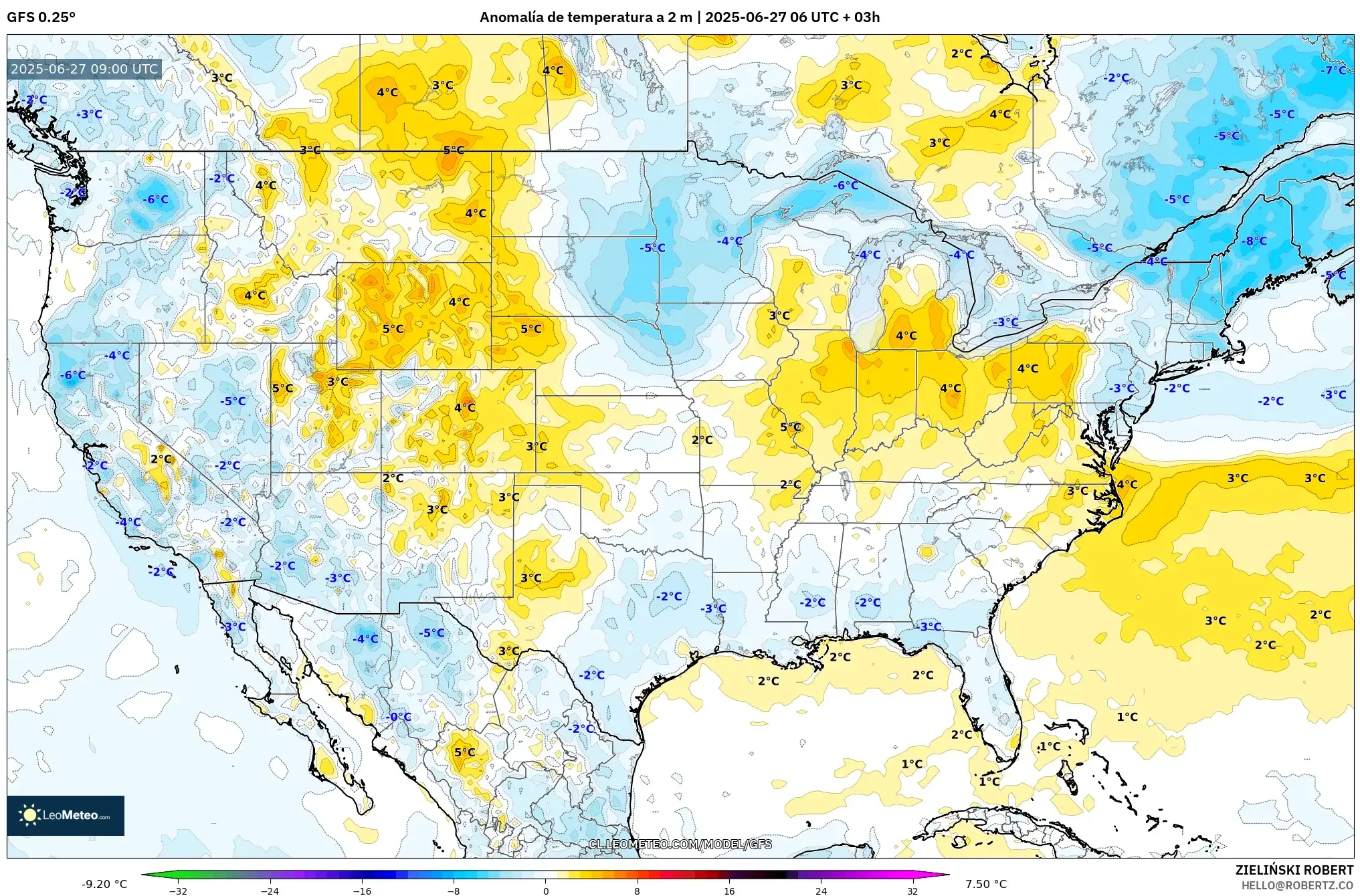 GFS model - Estados Unidos, Anomalía de temperatura a 2 m GFS model - Estados Unidos, Anomalía de temperatura a 2 m