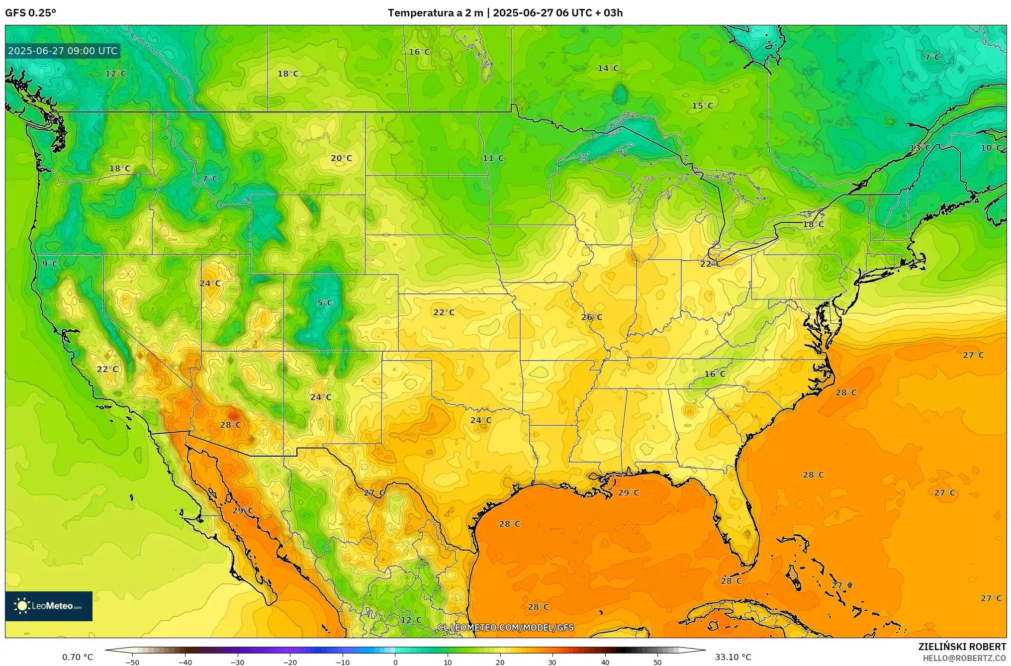 GFS model - Estados Unidos, Temperatura a 2 m GFS model - Estados Unidos, Temperatura a 2 m