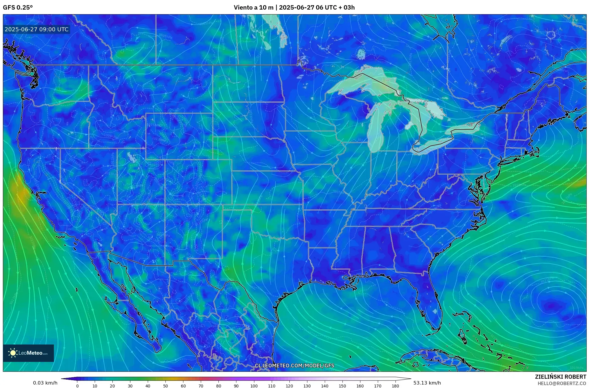 GFS model - Estados Unidos, Viento a 10 m GFS model - Estados Unidos, Viento a 10 m