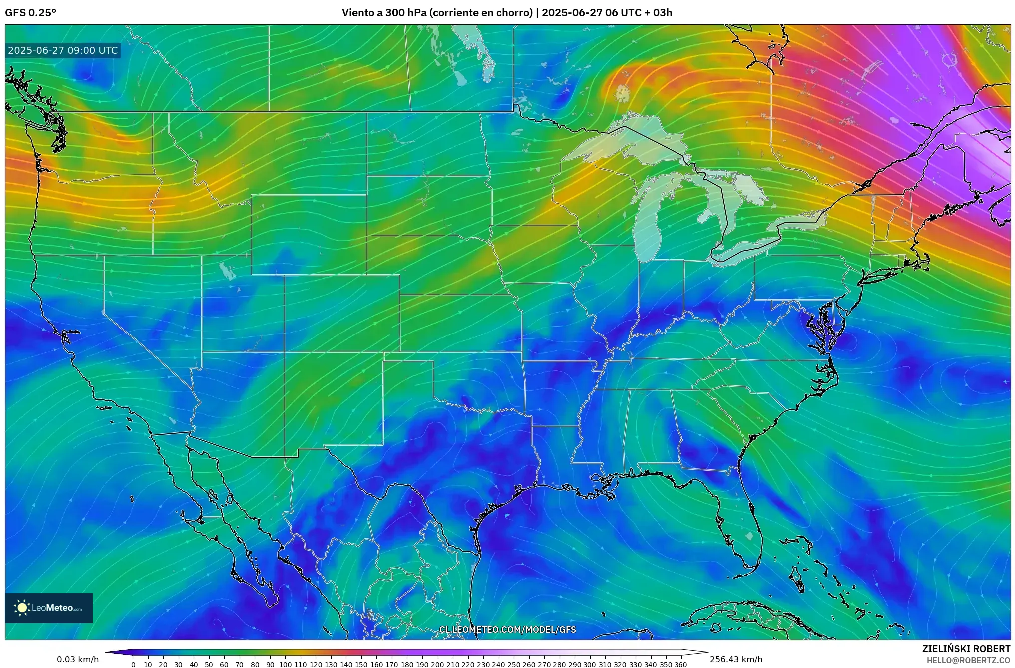 GFS model - Estados Unidos, Viento a 300 hPa (corriente en chorro) GFS model - Estados Unidos, Viento a 300 hPa (corriente en chorro)