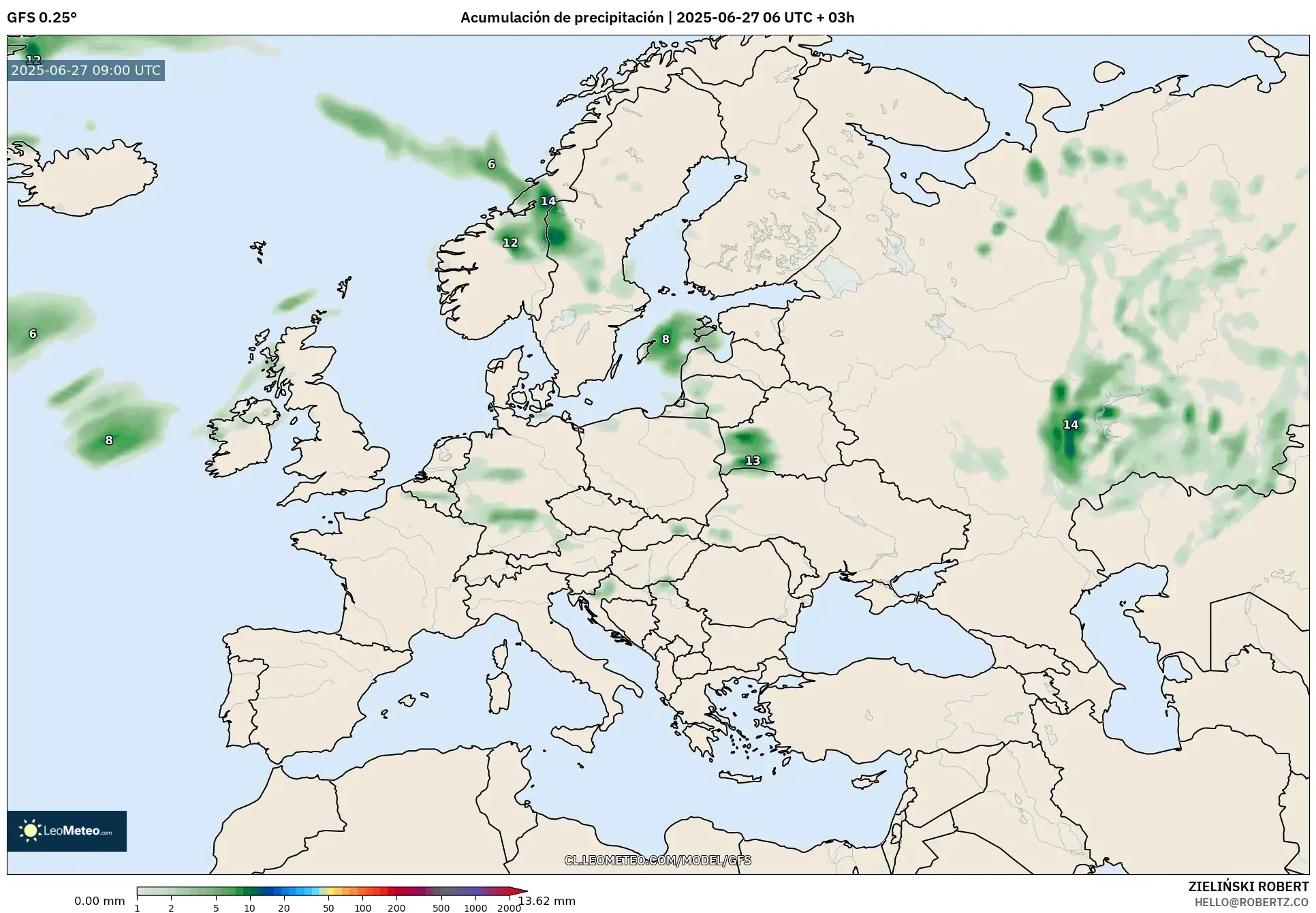 GFS model - Europa, Acumulación de precipitación GFS model - Europa, Acumulación de precipitación