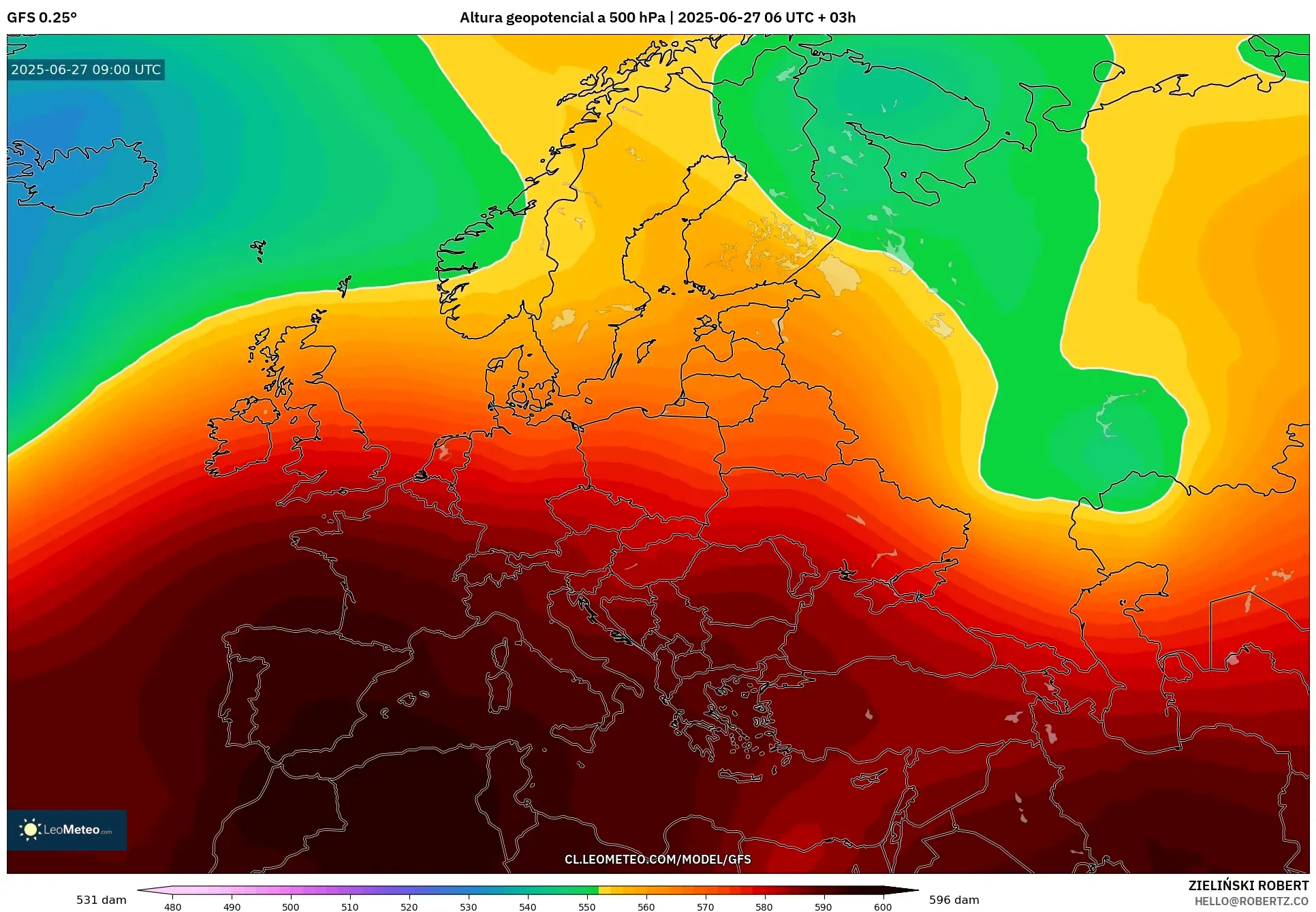 GFS model - Europa, Altura geopotencial a 500 hPa GFS model - Europa, Altura geopotencial a 500 hPa