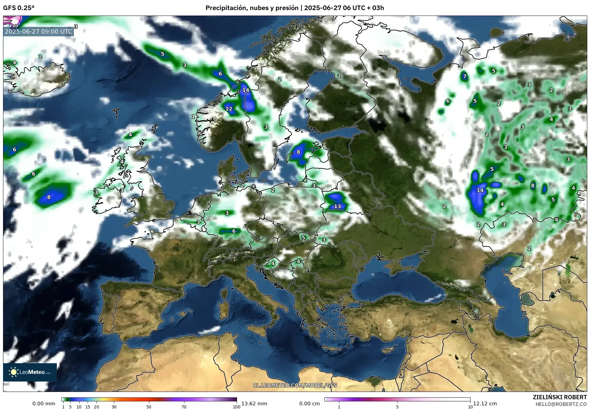 GFS model - Europa, Precipitación, nubes y presión GFS model - Europa, Precipitación, nubes y presión