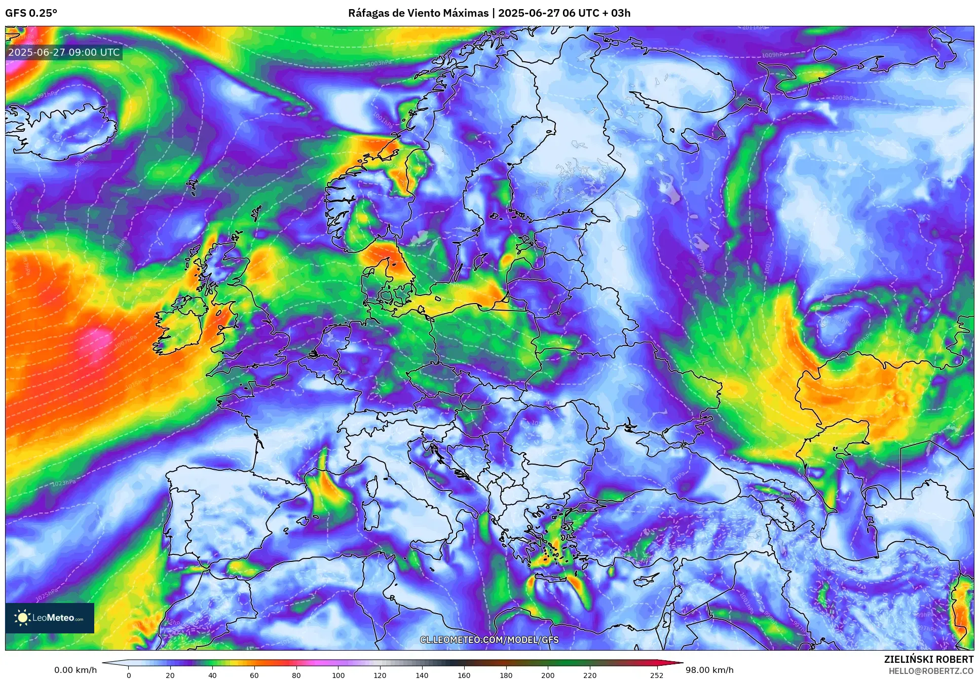 GFS model - Europa, Ráfagas de Viento Máximas GFS model - Europa, Ráfagas de Viento Máximas