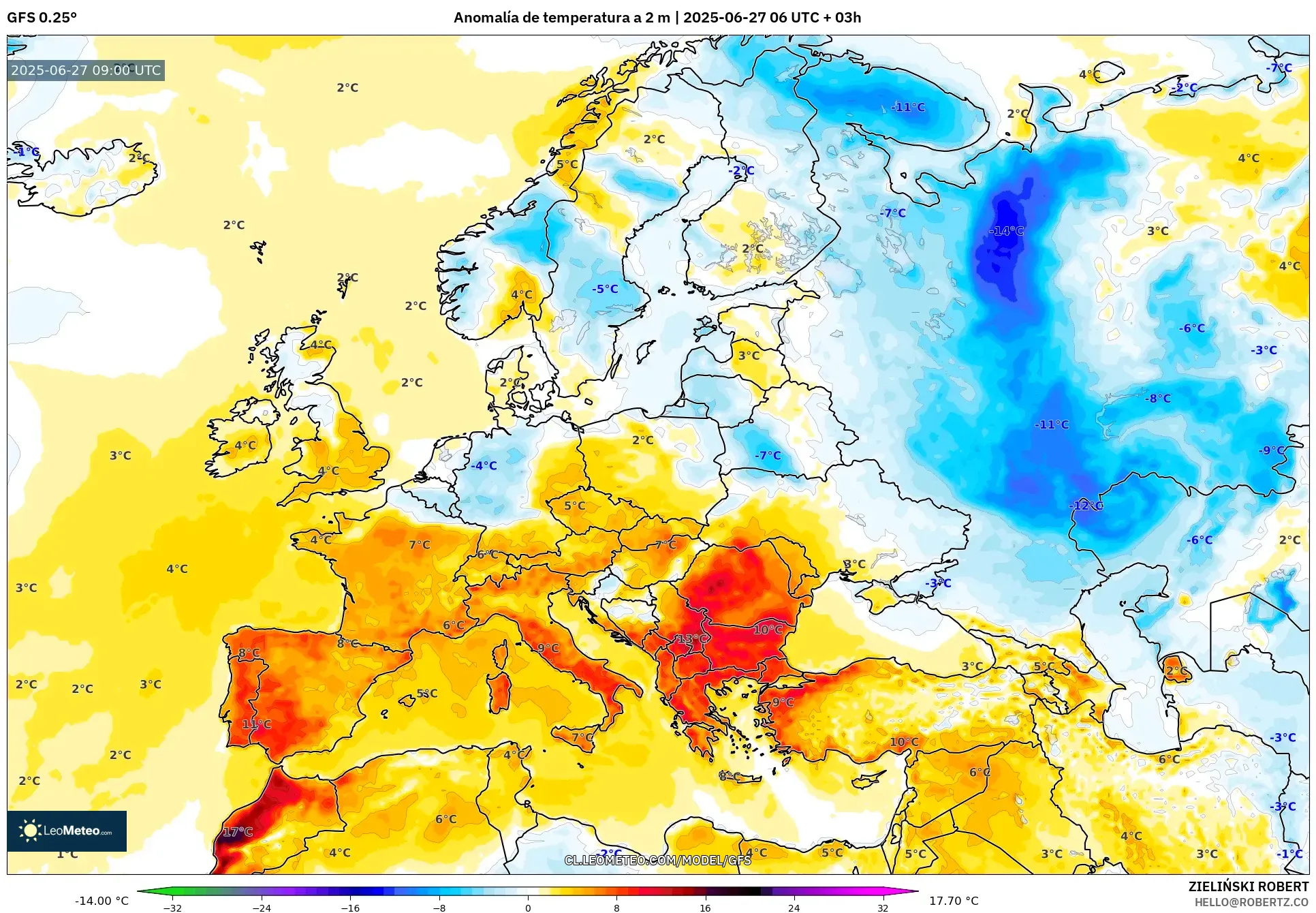 GFS model - Europa, Anomalía de temperatura a 2 m GFS model - Europa, Anomalía de temperatura a 2 m