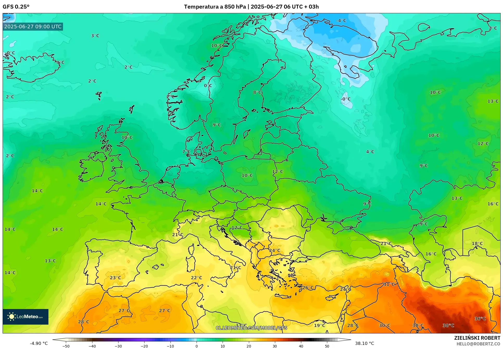 GFS model - Europa, Temperatura a 850 hPa GFS model - Europa, Temperatura a 850 hPa