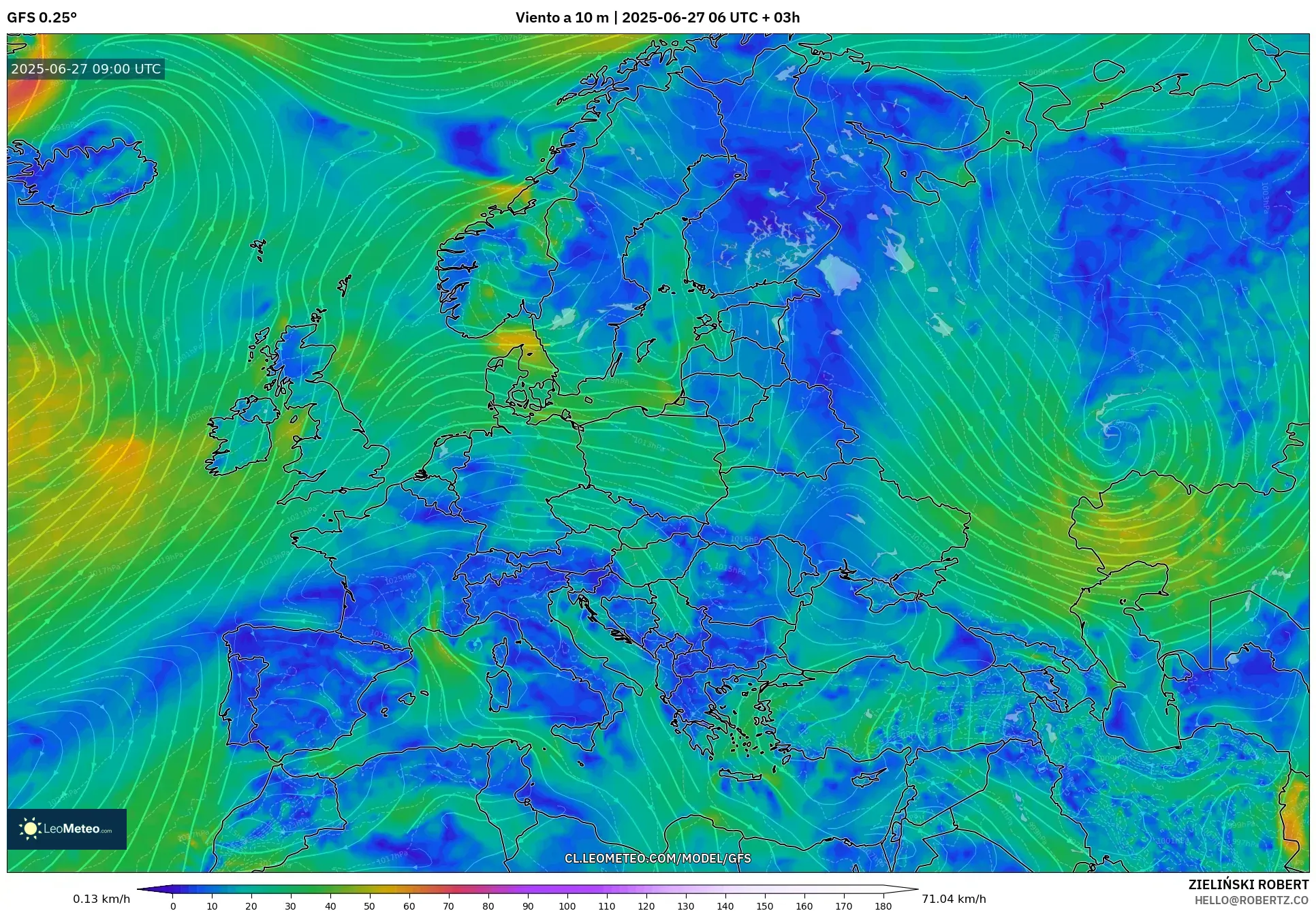 GFS model - Europa, Viento a 10 m GFS model - Europa, Viento a 10 m