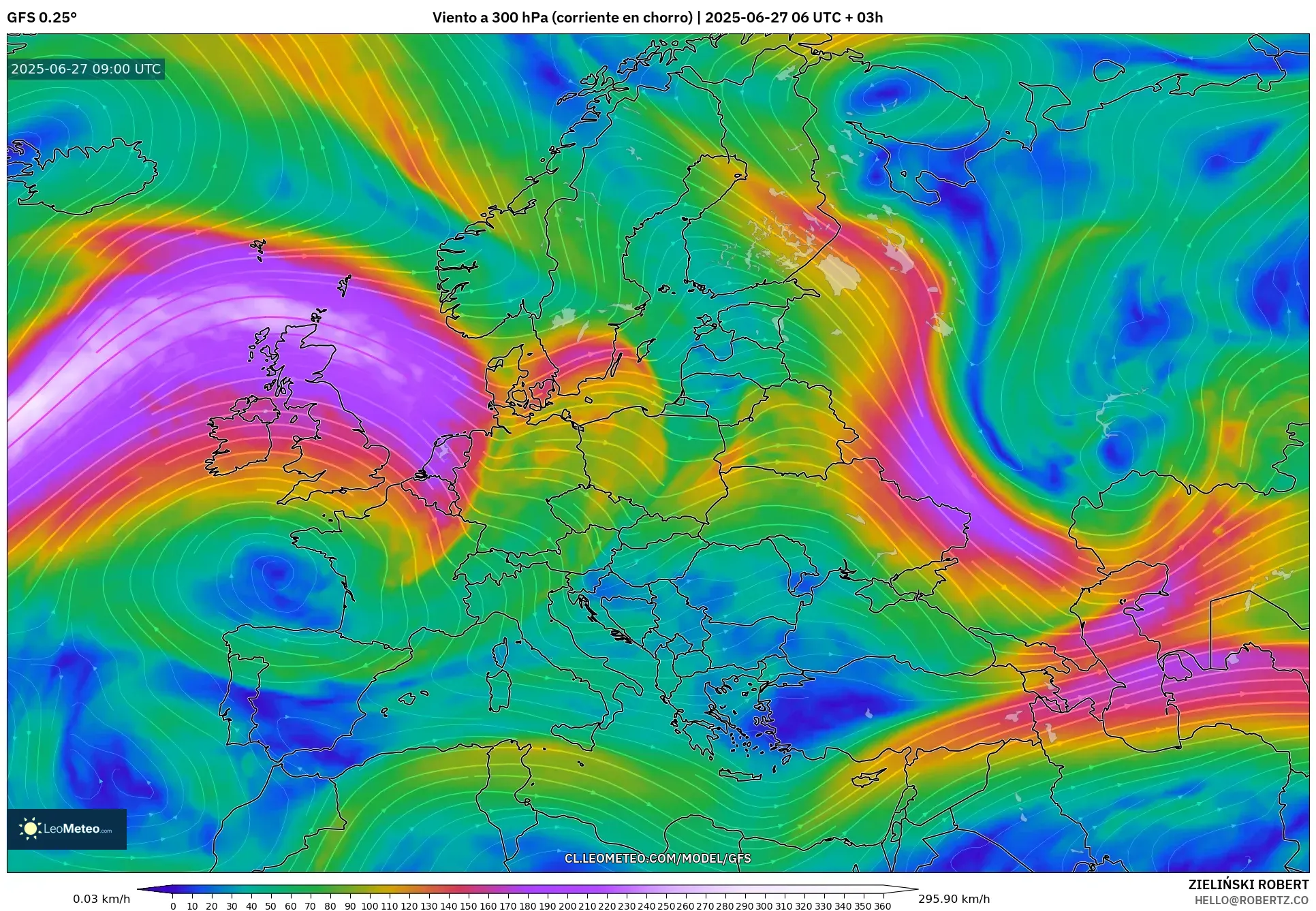 GFS model - Europa, Viento a 300 hPa (corriente en chorro) GFS model - Europa, Viento a 300 hPa (corriente en chorro)