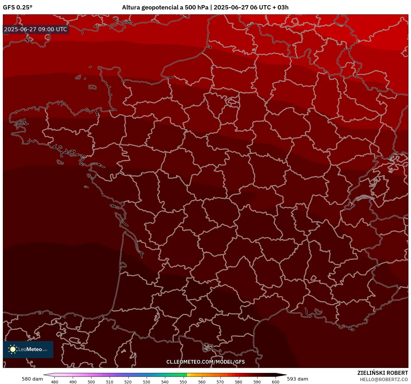 GFS model - Francia, Altura geopotencial a 500 hPa GFS model - Francia, Altura geopotencial a 500 hPa