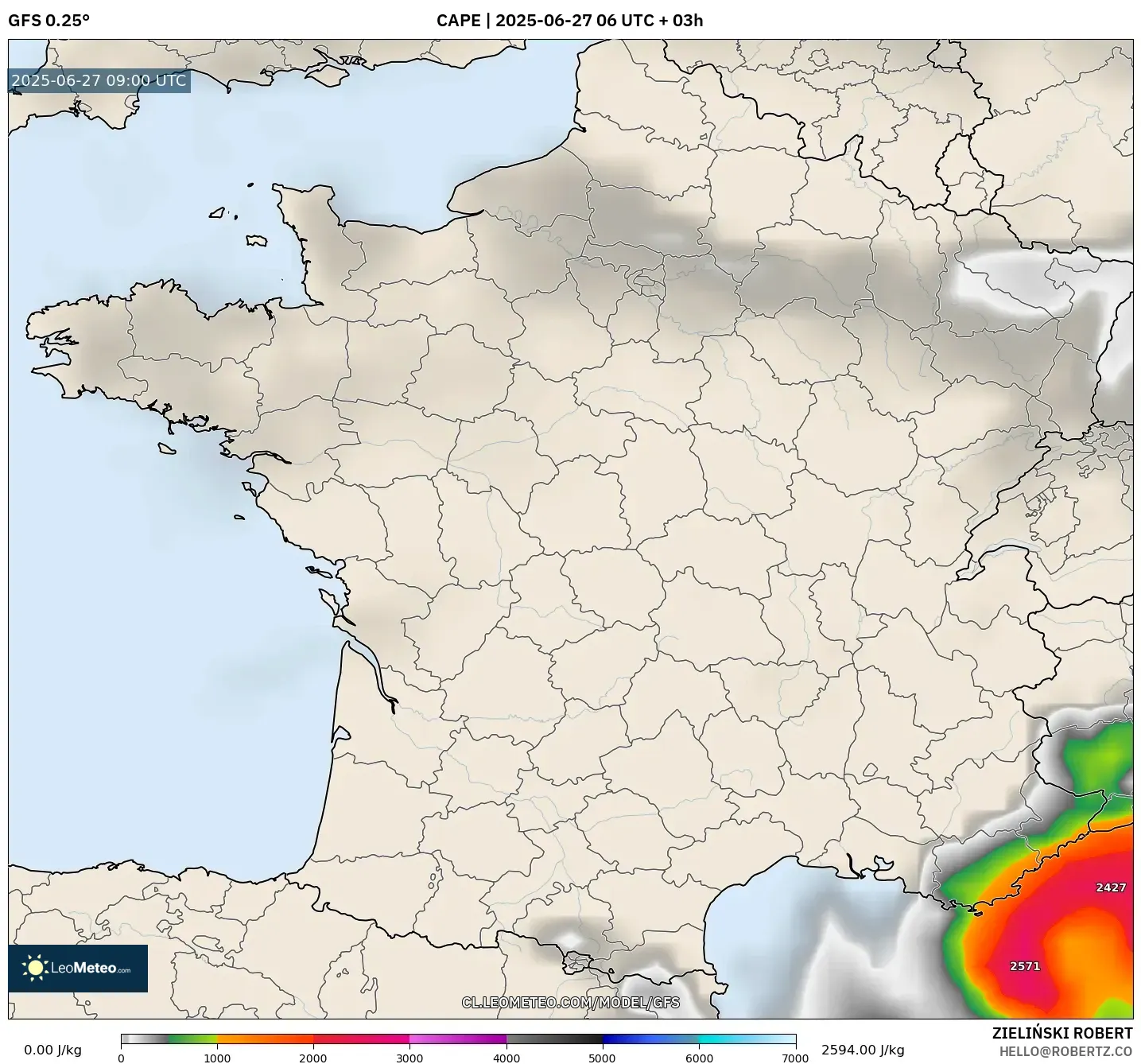 GFS model - Francia, CAPE GFS model - Francia, CAPE