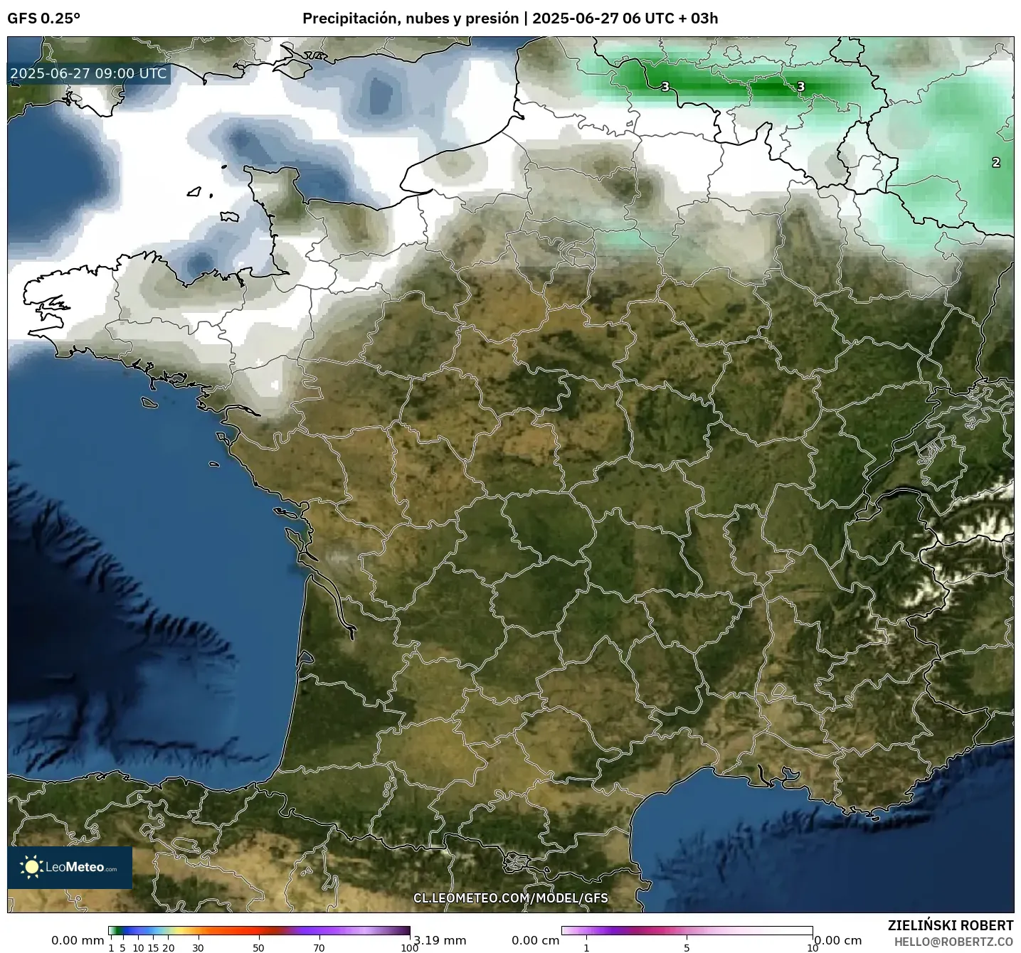 GFS model - Francia, Precipitación, nubes y presión GFS model - Francia, Precipitación, nubes y presión