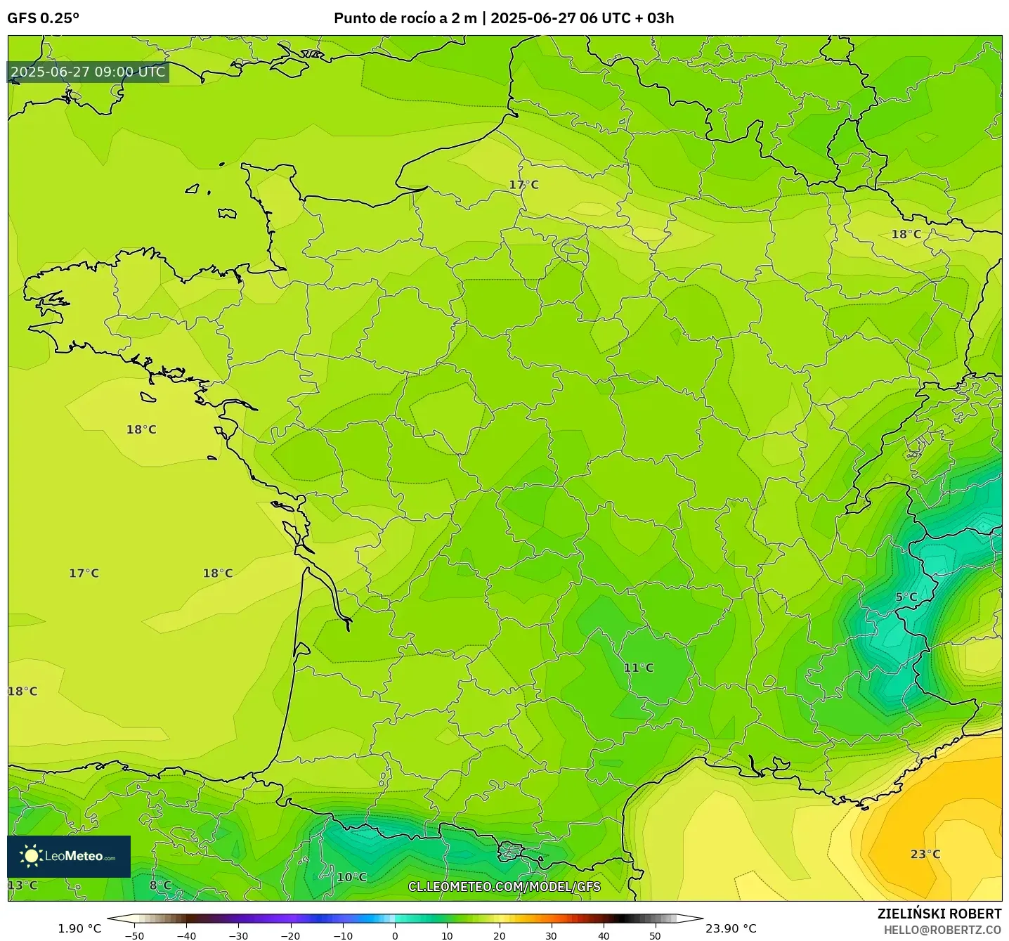 GFS model - Francia, Punto de rocío a 2 m GFS model - Francia, Punto de rocío a 2 m