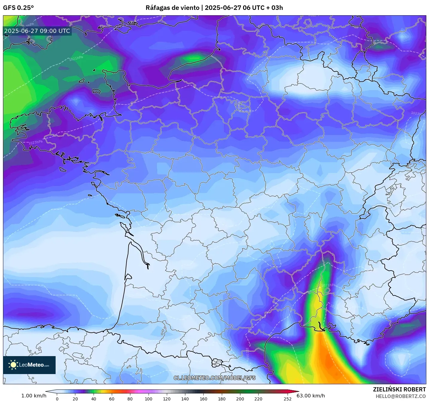 GFS model - Francia, Ráfagas de viento GFS model - Francia, Ráfagas de viento