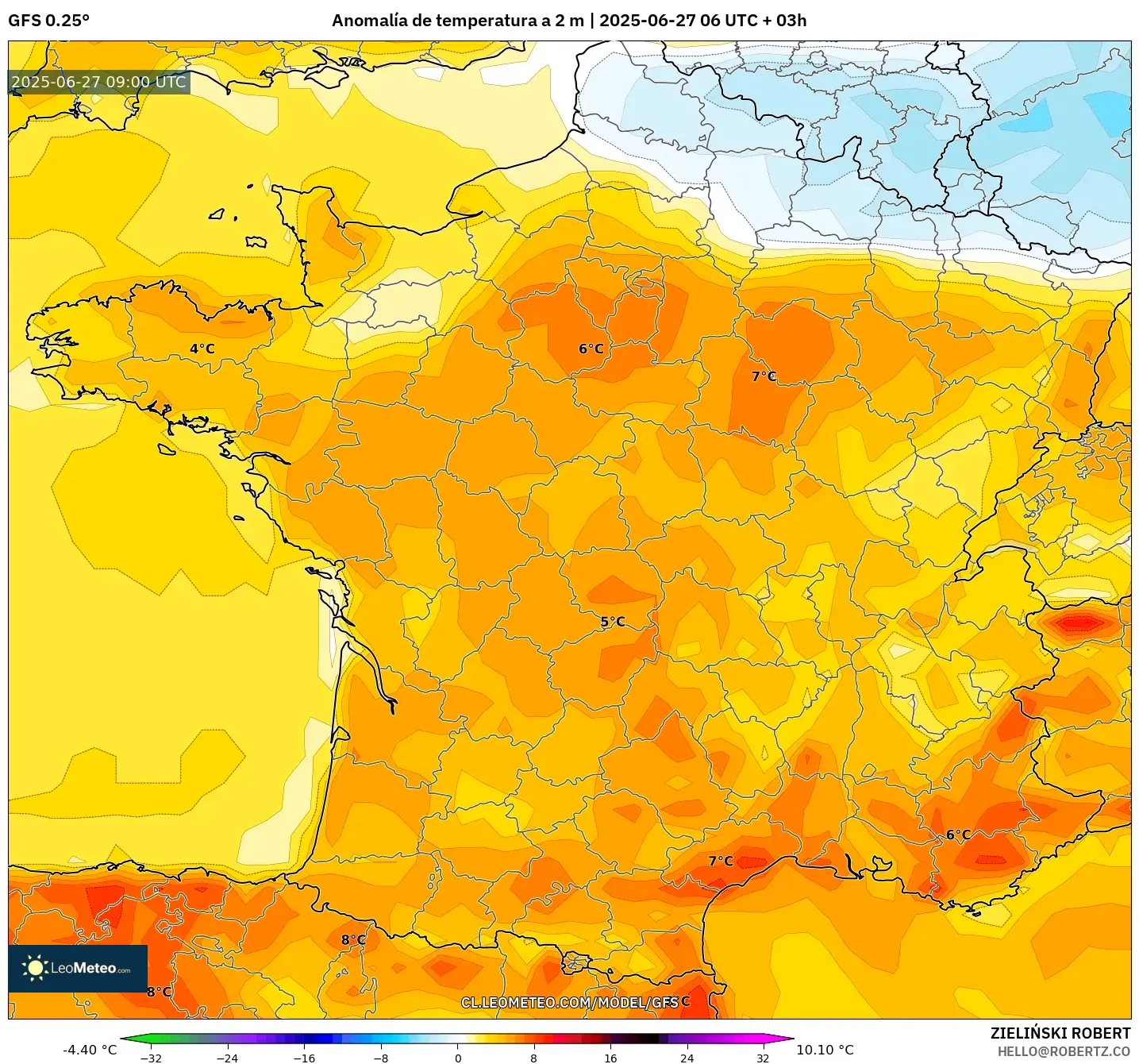 GFS model - Francia, Anomalía de temperatura a 2 m GFS model - Francia, Anomalía de temperatura a 2 m