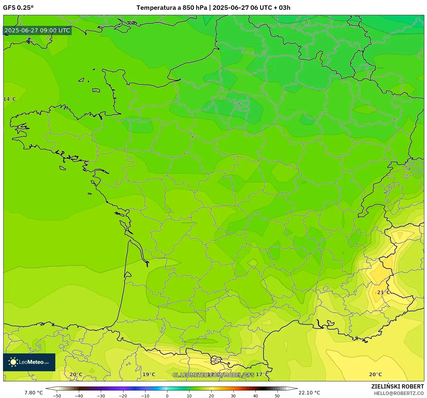 GFS model - Francia, Temperatura a 850 hPa GFS model - Francia, Temperatura a 850 hPa