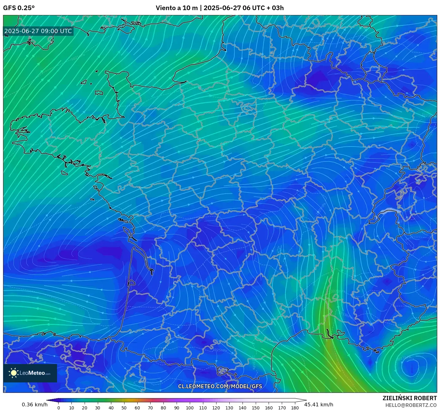 GFS model - Francia, Viento a 10 m GFS model - Francia, Viento a 10 m