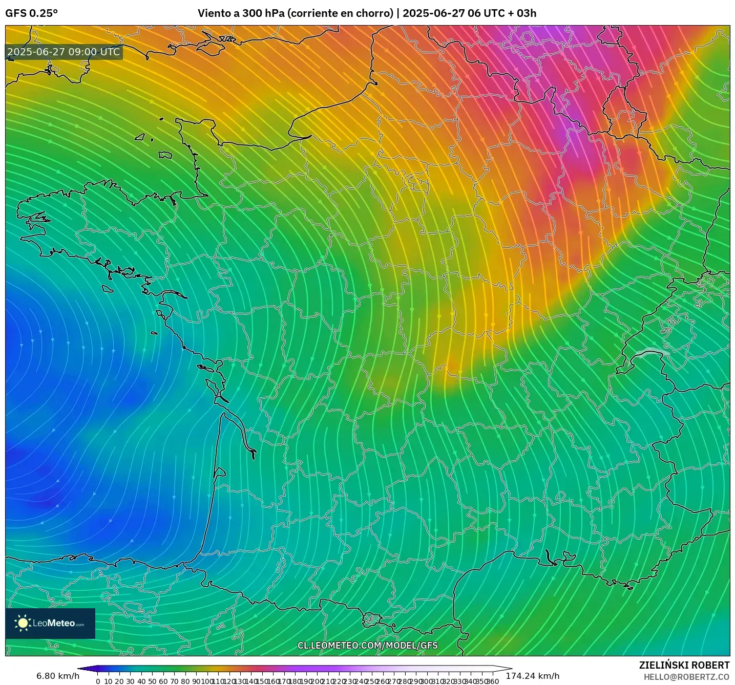 GFS model - Francia, Viento a 300 hPa (corriente en chorro) GFS model - Francia, Viento a 300 hPa (corriente en chorro)