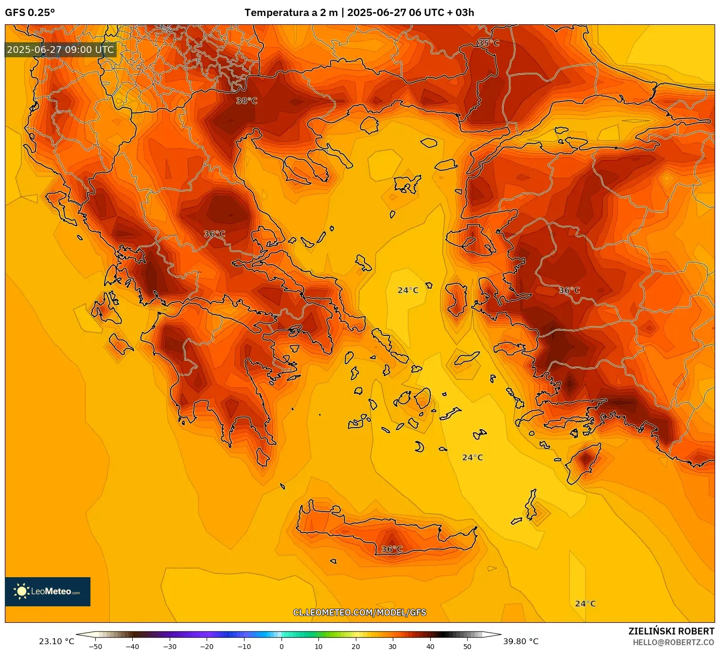 GFS model - Grecia, Temperatura a 2 m