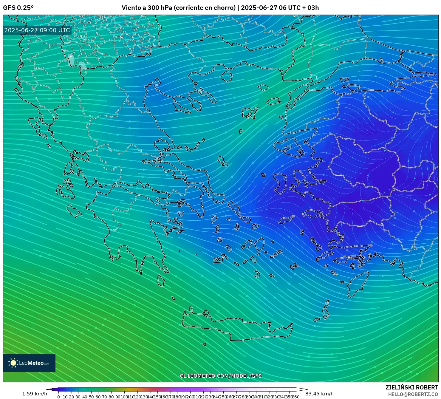 GFS model - Grecia, Viento a 300 hPa (corriente en chorro) GFS model - Grecia, Viento a 300 hPa (corriente en chorro)