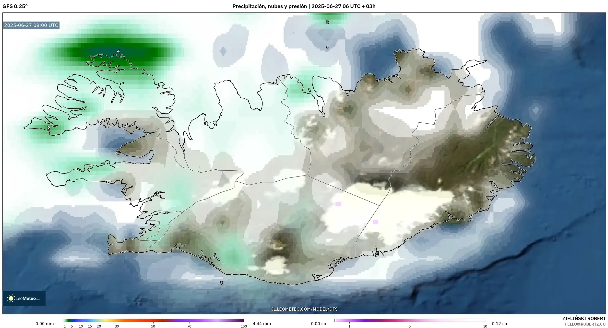 GFS model - Islandia, Precipitación, nubes y presión GFS model - Islandia, Precipitación, nubes y presión