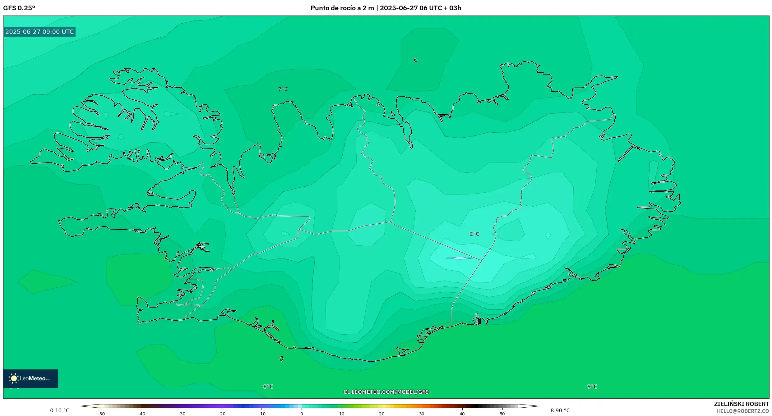 GFS model - Islandia, Punto de rocío a 2 m GFS model - Islandia, Punto de rocío a 2 m