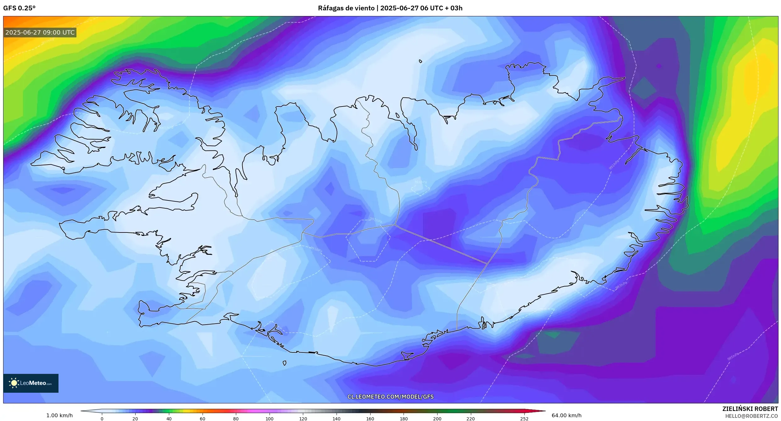 GFS model - Islandia, Ráfagas de viento GFS model - Islandia, Ráfagas de viento