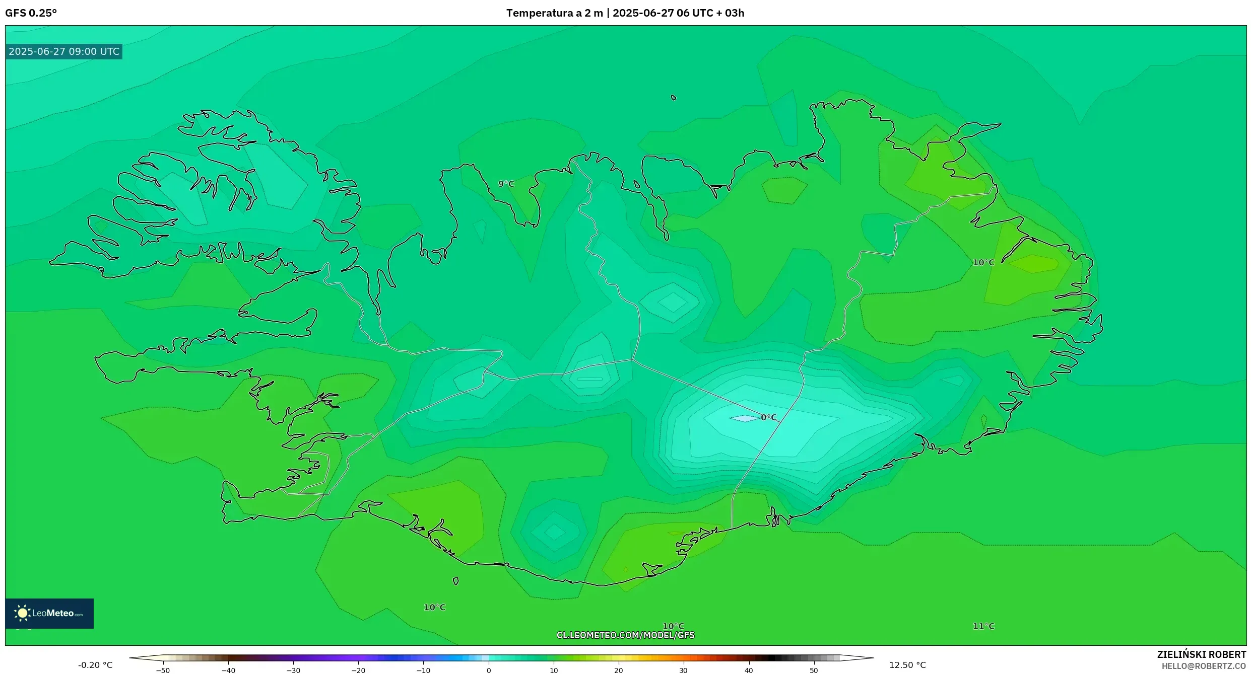 GFS model - Islandia, Temperatura a 2 m GFS model - Islandia, Temperatura a 2 m