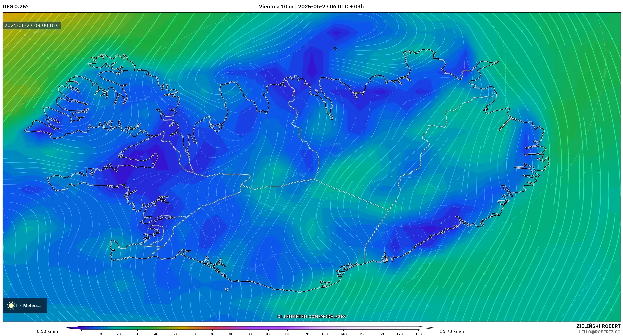 GFS model - Islandia, Viento a 10 m GFS model - Islandia, Viento a 10 m