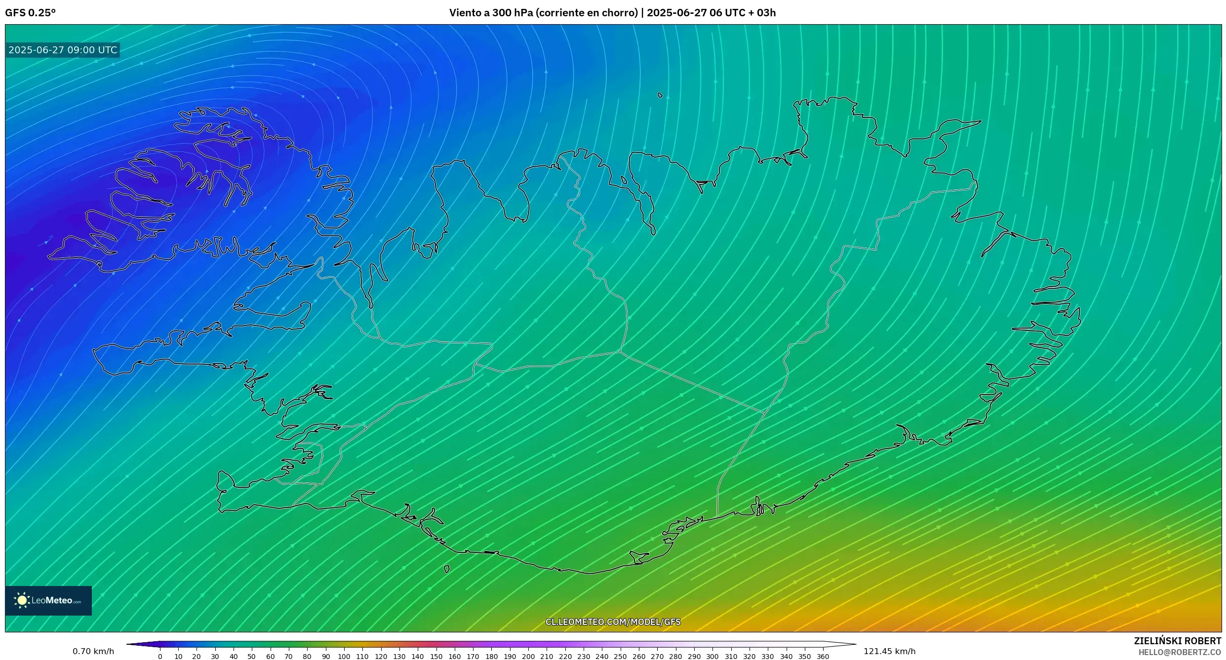 GFS model - Islandia, Viento a 300 hPa (corriente en chorro) GFS model - Islandia, Viento a 300 hPa (corriente en chorro)