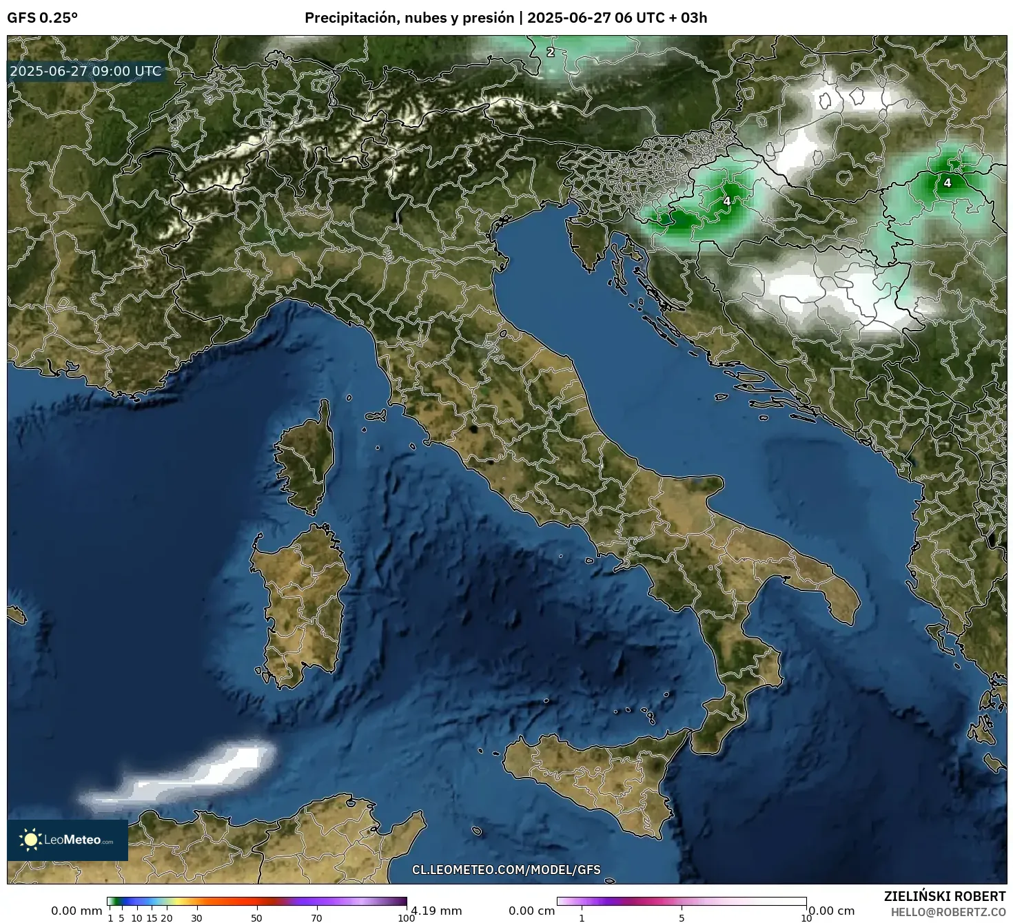 GFS model - Italia, Precipitación, nubes y presión GFS model - Italia, Precipitación, nubes y presión