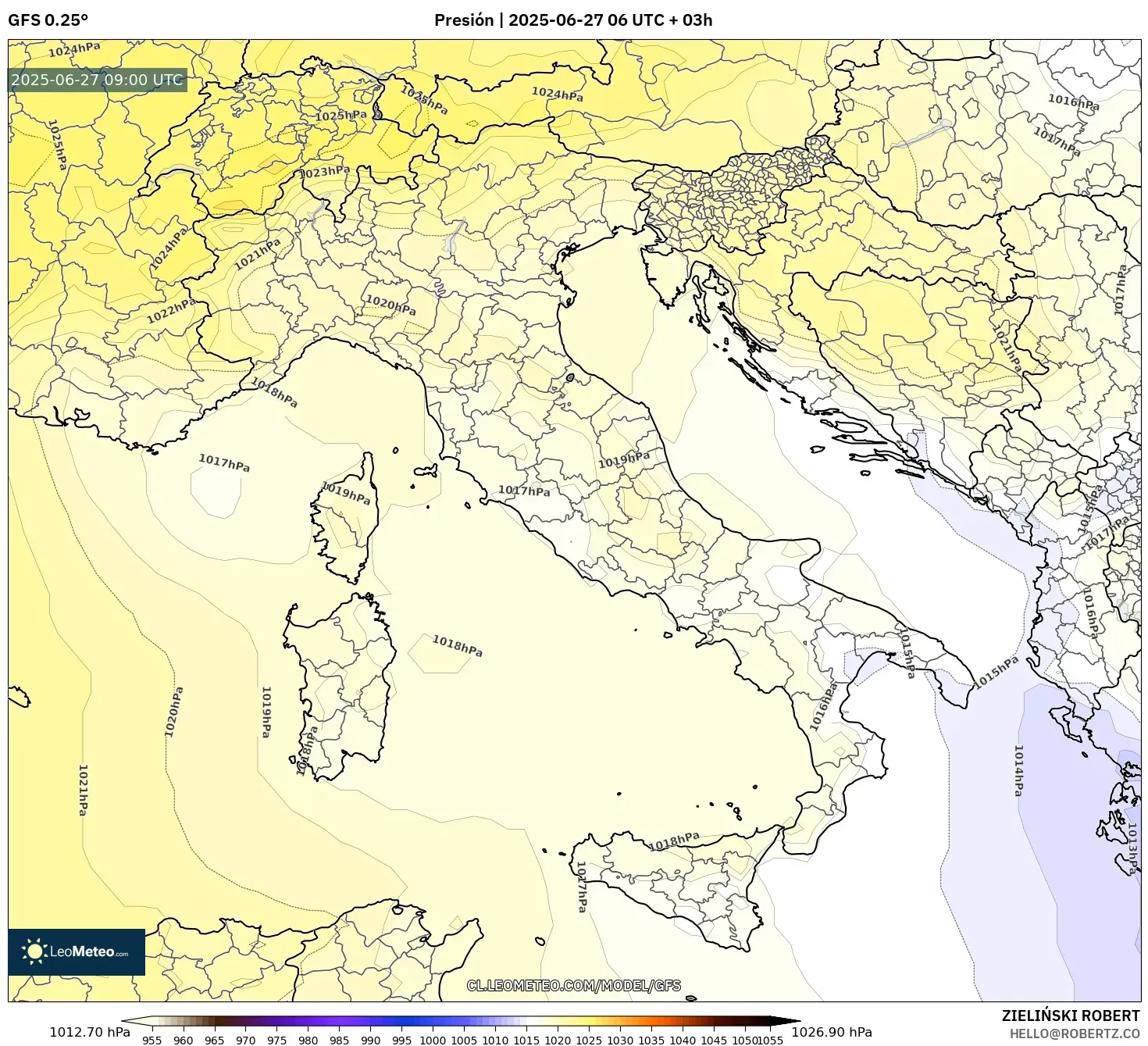 GFS model - Italia, Presión GFS model - Italia, Presión