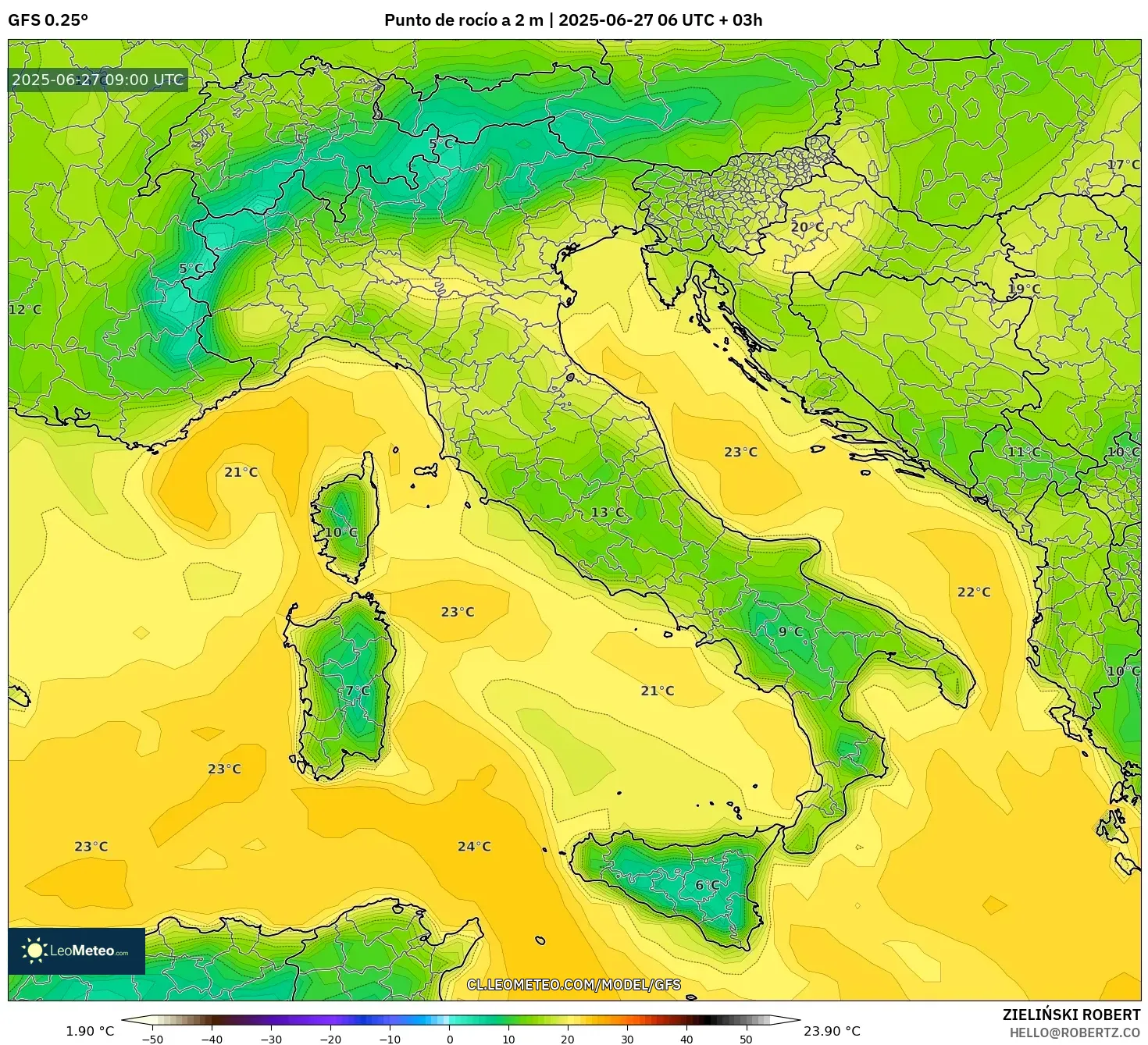 GFS model - Italia, Punto de rocío a 2 m GFS model - Italia, Punto de rocío a 2 m