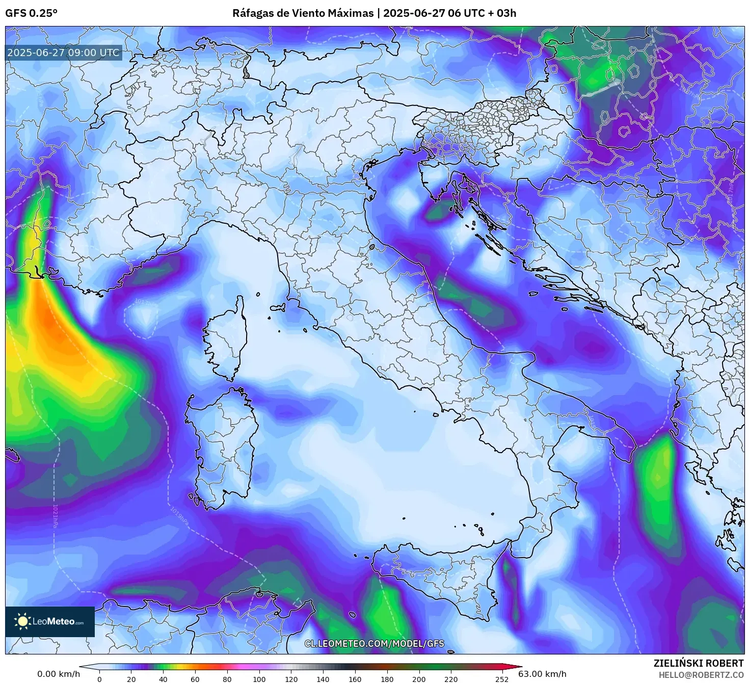 GFS model - Italia, Ráfagas de Viento Máximas GFS model - Italia, Ráfagas de Viento Máximas