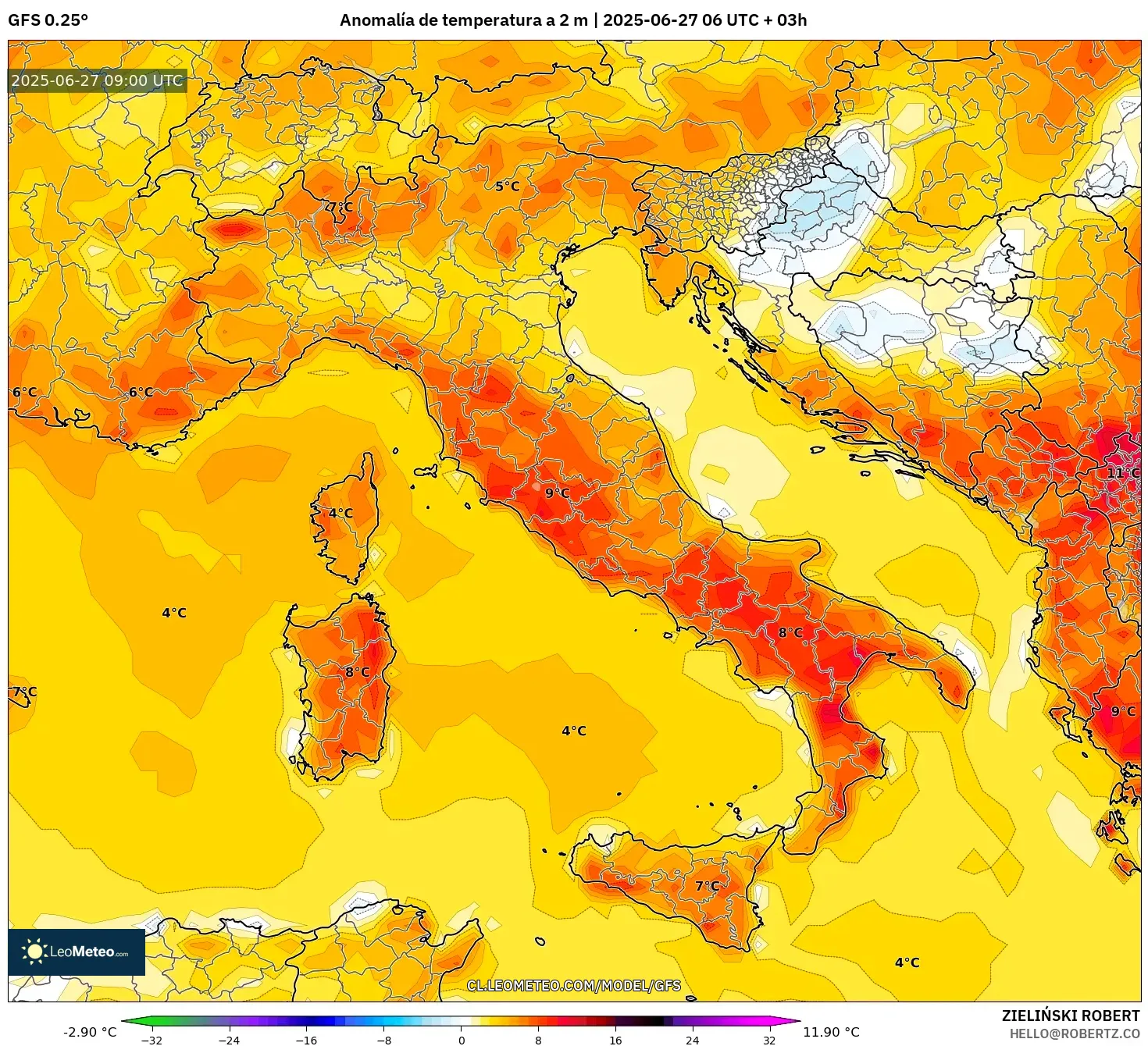 GFS model - Italia, Anomalía de temperatura a 2 m GFS model - Italia, Anomalía de temperatura a 2 m