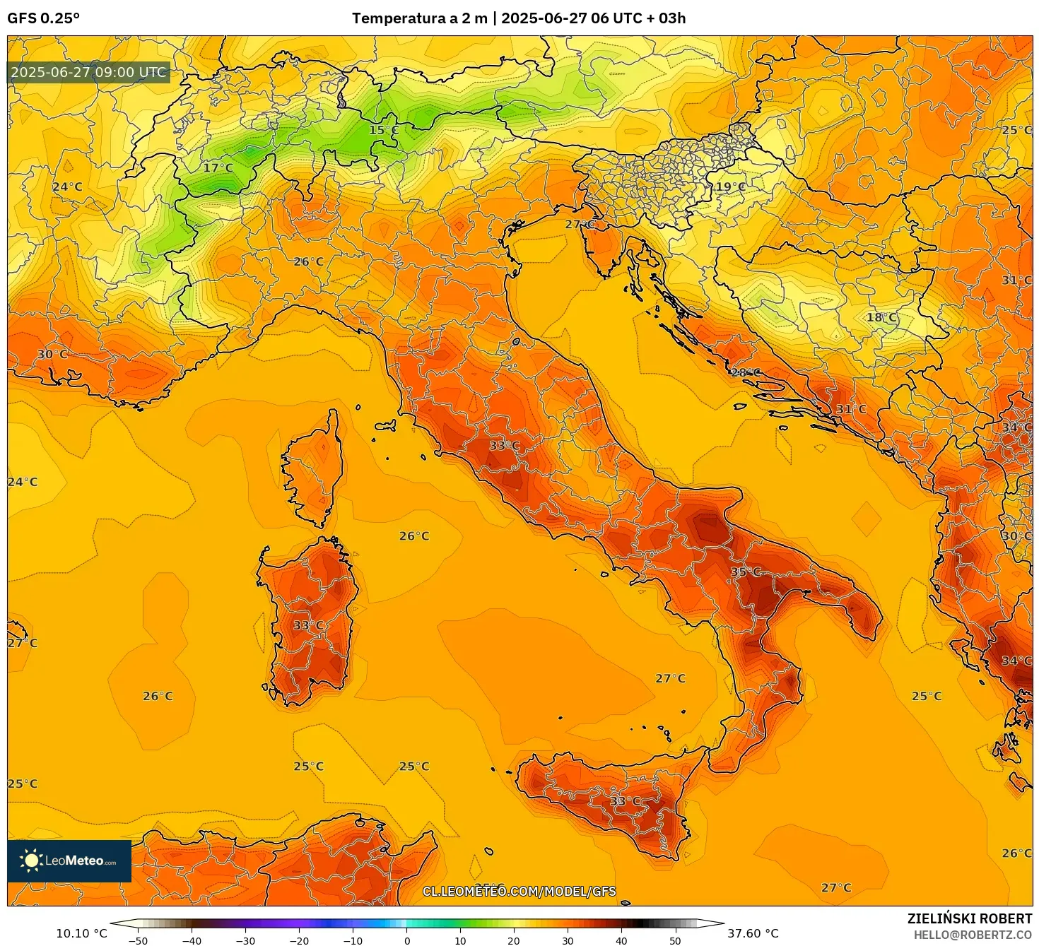 GFS model - Italia, Temperatura a 2 m GFS model - Italia, Temperatura a 2 m