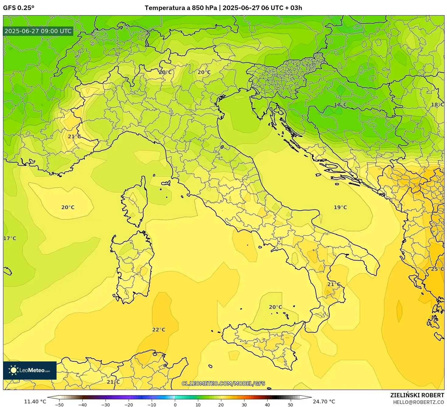 GFS model - Italia, Temperatura a 850 hPa GFS model - Italia, Temperatura a 850 hPa