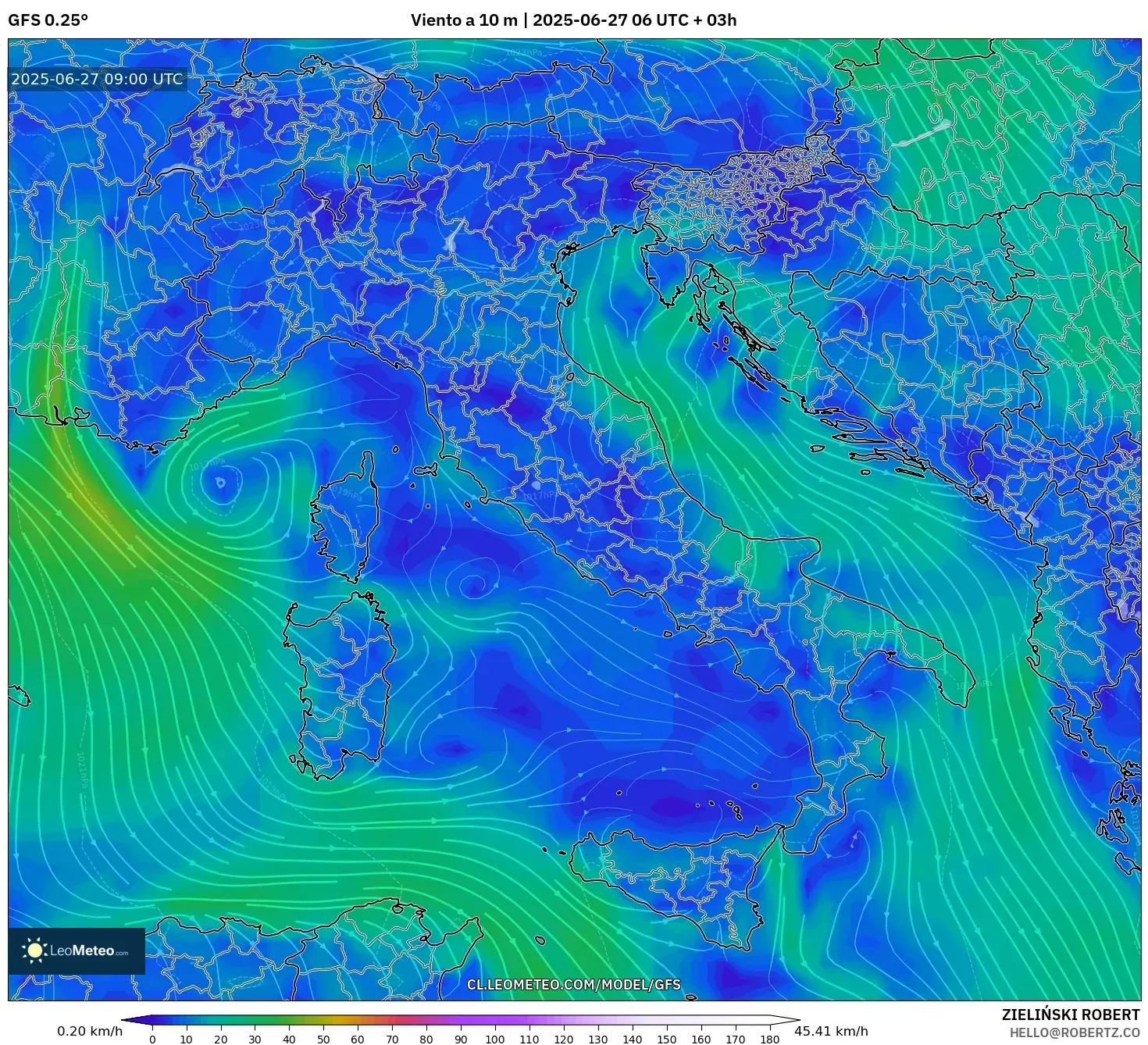 GFS model - Italia, Viento a 10 m GFS model - Italia, Viento a 10 m