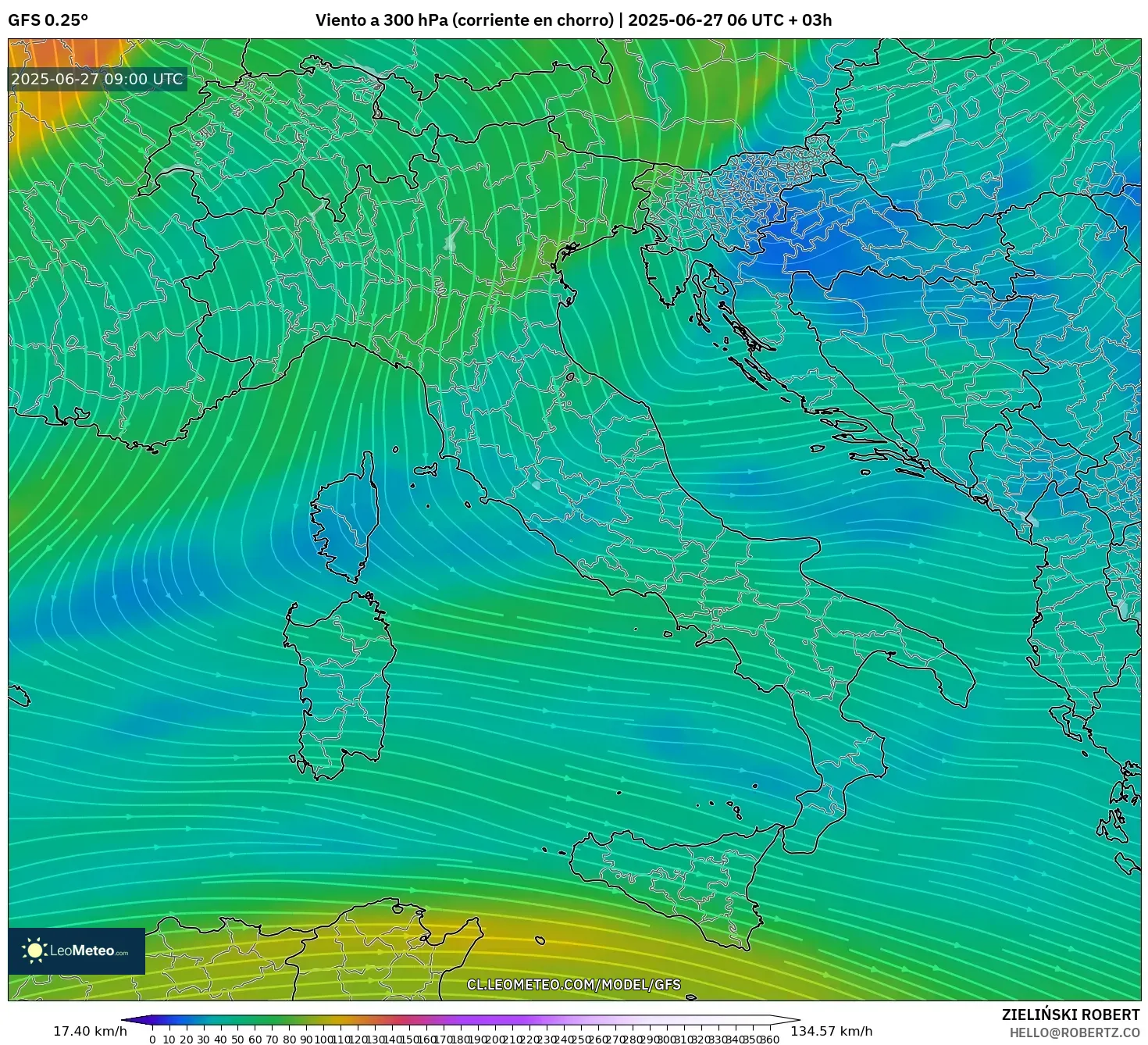 GFS model - Italia, Viento a 300 hPa (corriente en chorro) GFS model - Italia, Viento a 300 hPa (corriente en chorro)