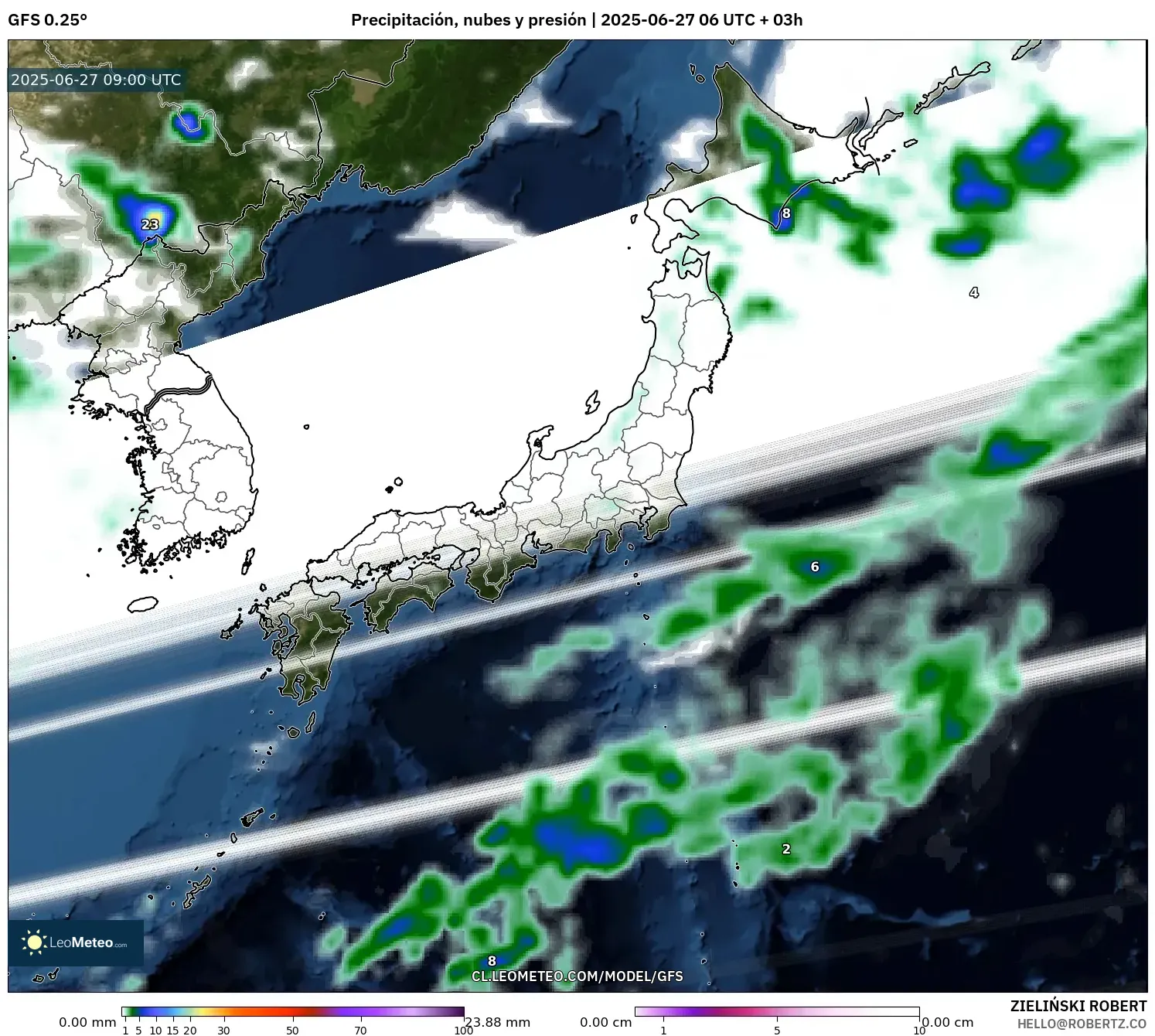 GFS model - Japón, Precipitación, nubes y presión GFS model - Japón, Precipitación, nubes y presión