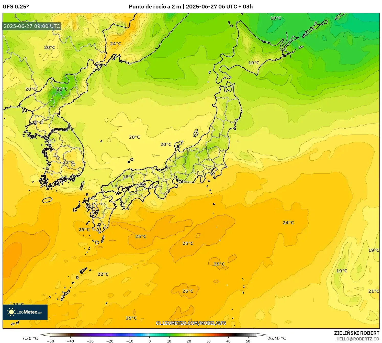 GFS model - Japón, Punto de rocío a 2 m GFS model - Japón, Punto de rocío a 2 m