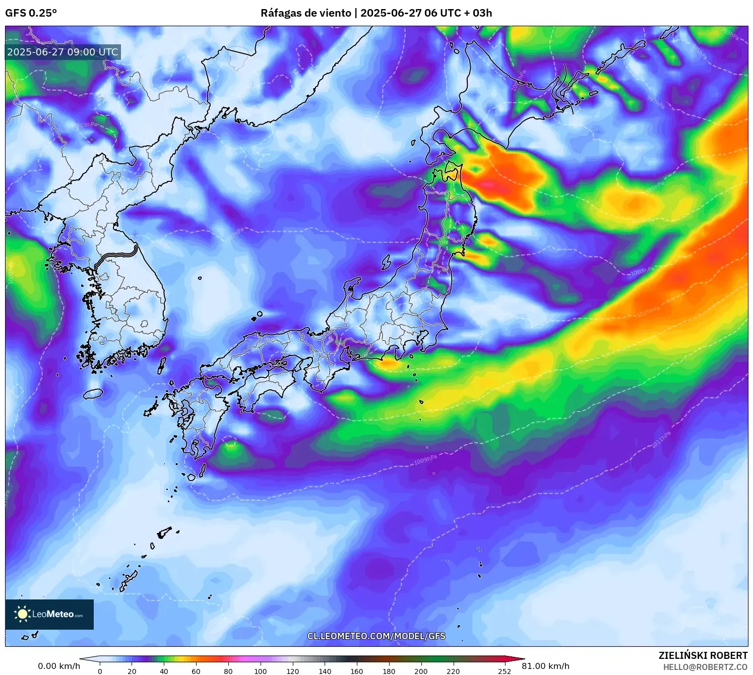 GFS model - Japón, Ráfagas de viento GFS model - Japón, Ráfagas de viento