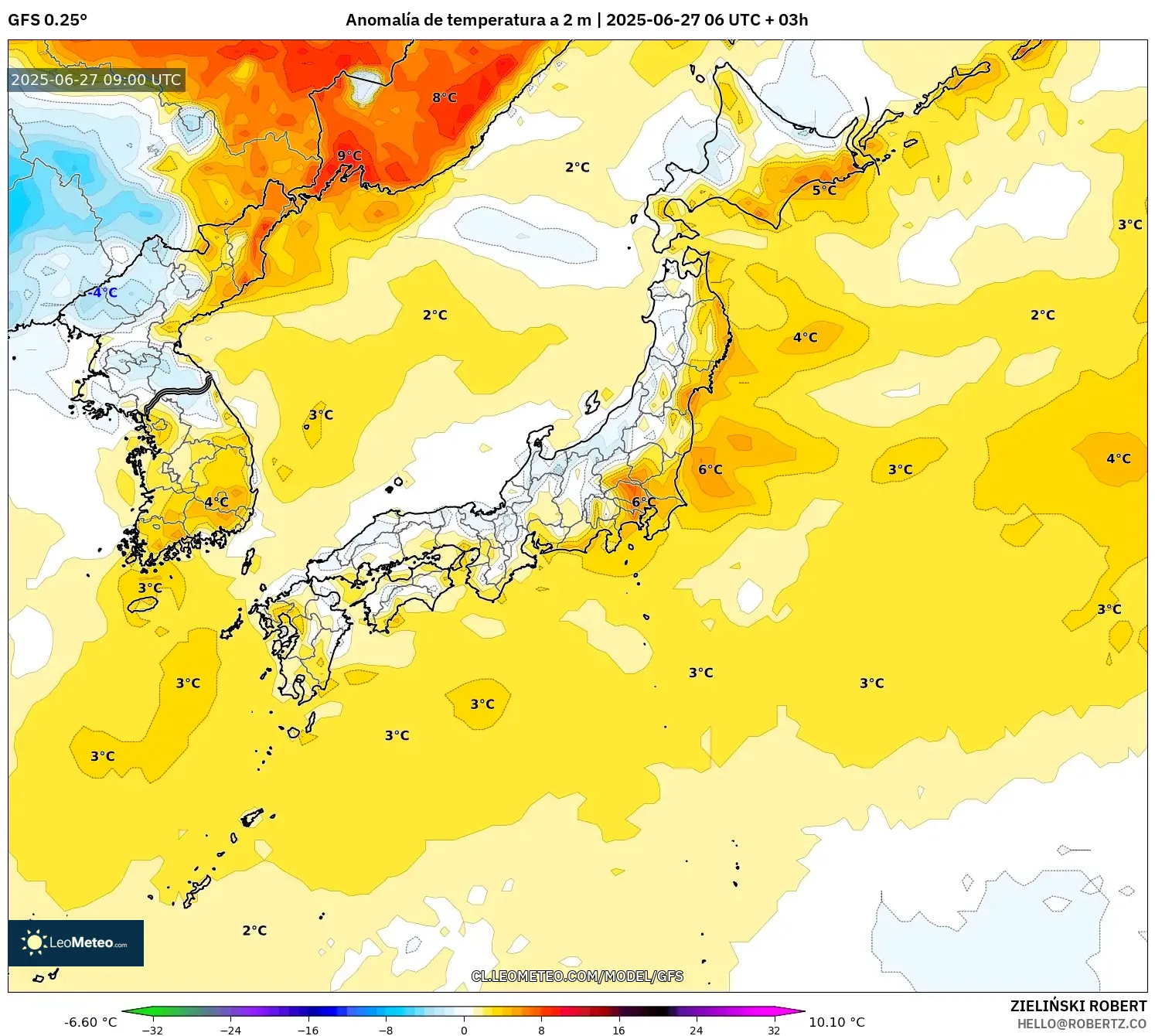 GFS model - Japón, Anomalía de temperatura a 2 m GFS model - Japón, Anomalía de temperatura a 2 m