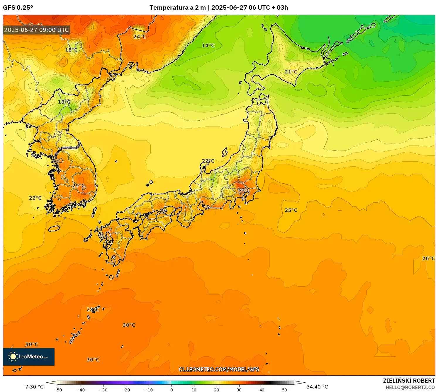 GFS model - Japón, Temperatura a 2 m GFS model - Japón, Temperatura a 2 m