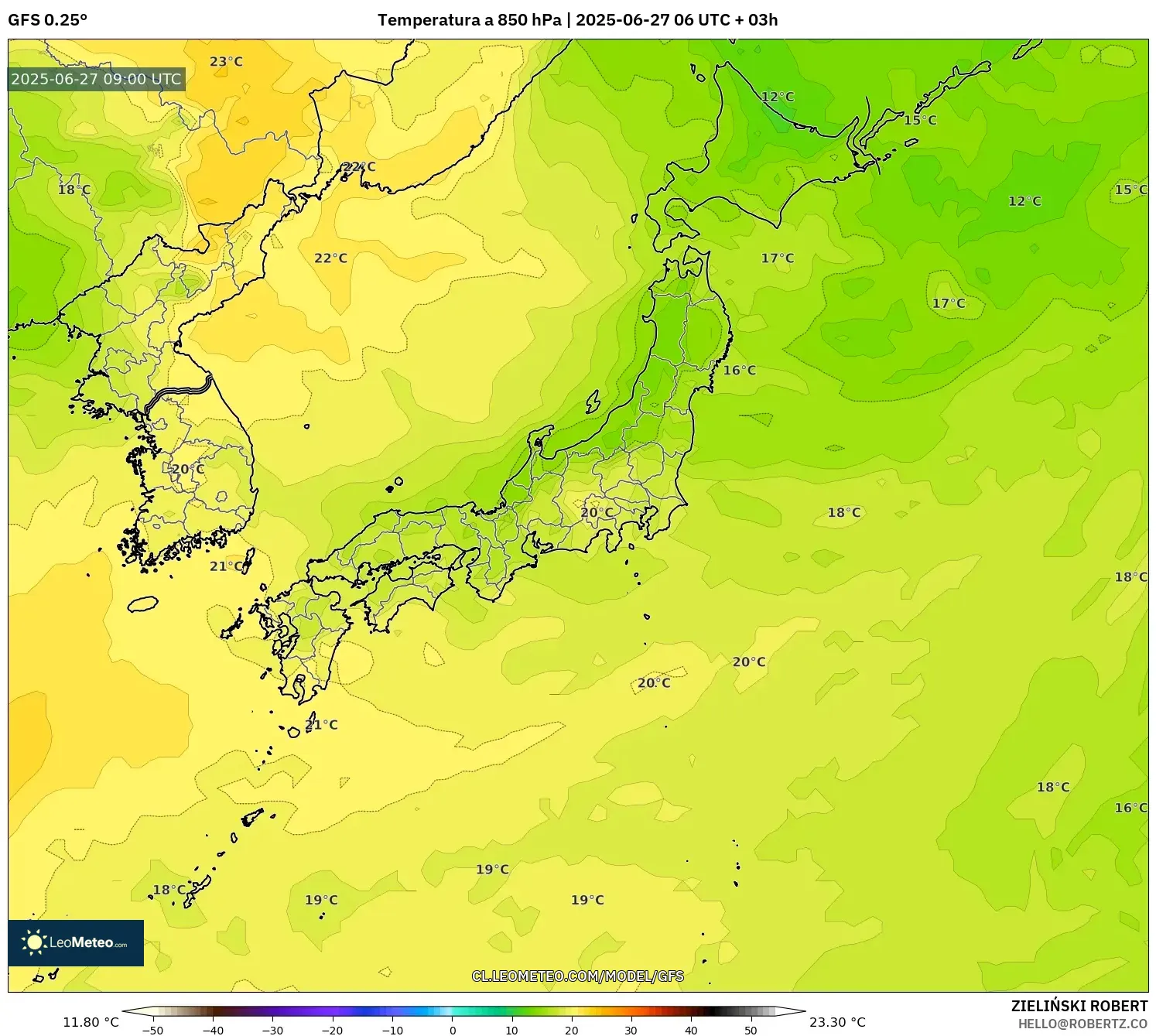 GFS model - Japón, Temperatura a 850 hPa GFS model - Japón, Temperatura a 850 hPa