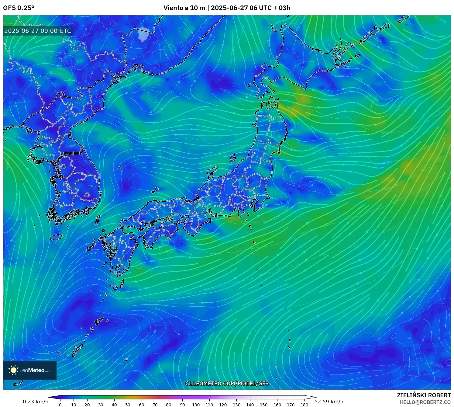 GFS model - Japón, Viento a 10 m GFS model - Japón, Viento a 10 m